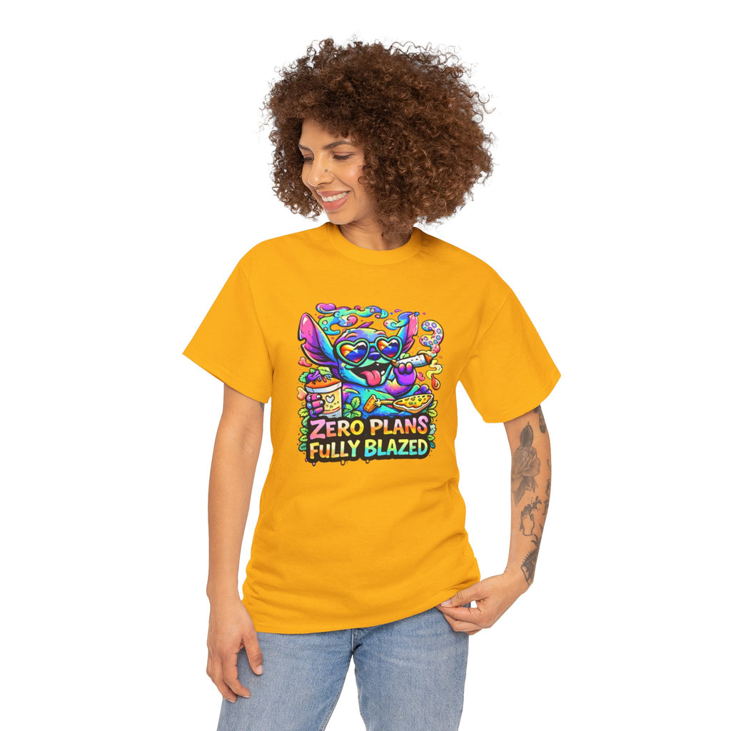 Zero Plans Fully Blazed Tee — Colorful Stoner Cat Graphic T-Shirt
