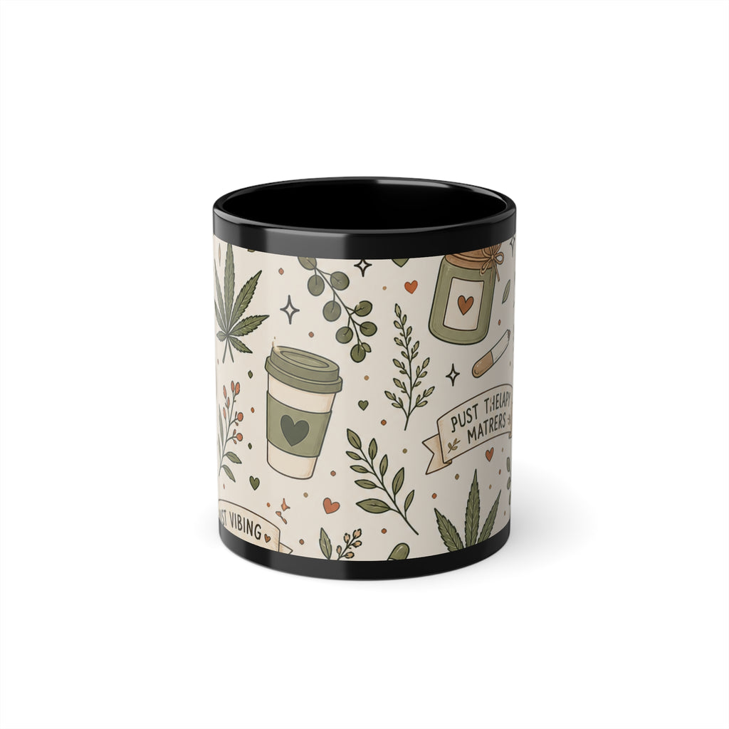 Black Ceramic Mug — Cozy Herbal Coffee Pattern (11 oz)