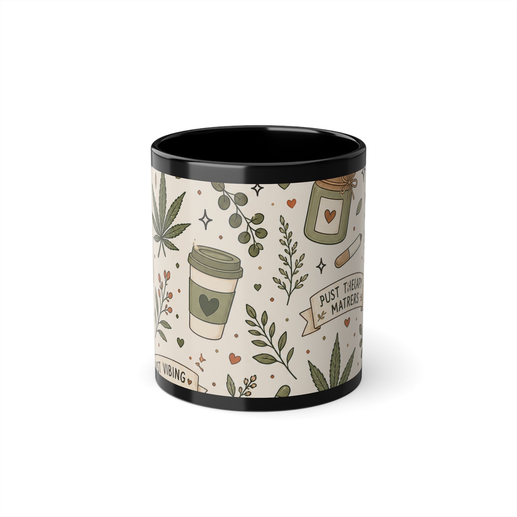 Black Ceramic Mug — Cozy Herbal Coffee Pattern (11 oz)