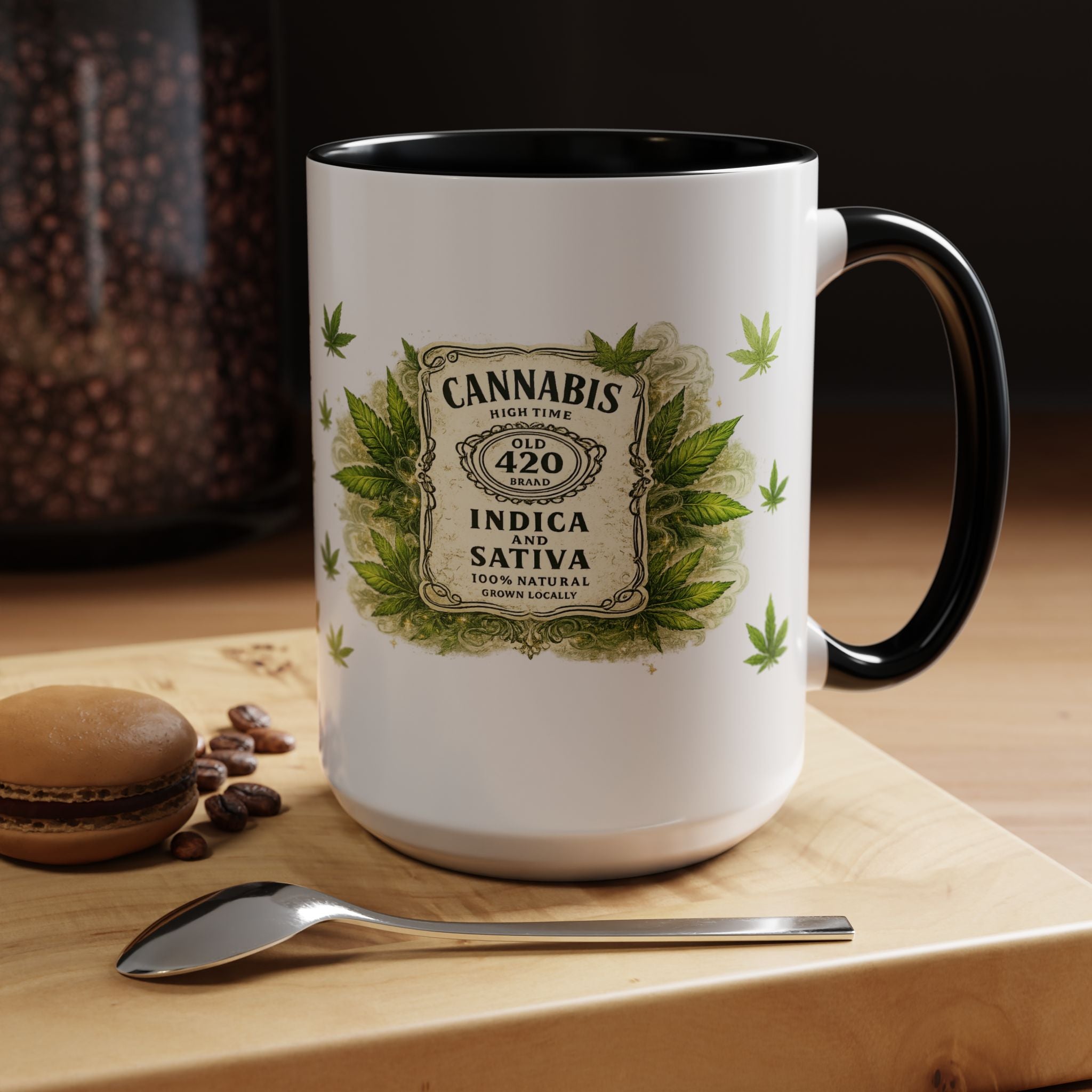 Cannabis 420 Accent Coffee Mug — Indica & Sativa Leaf Pattern (11/15oz)