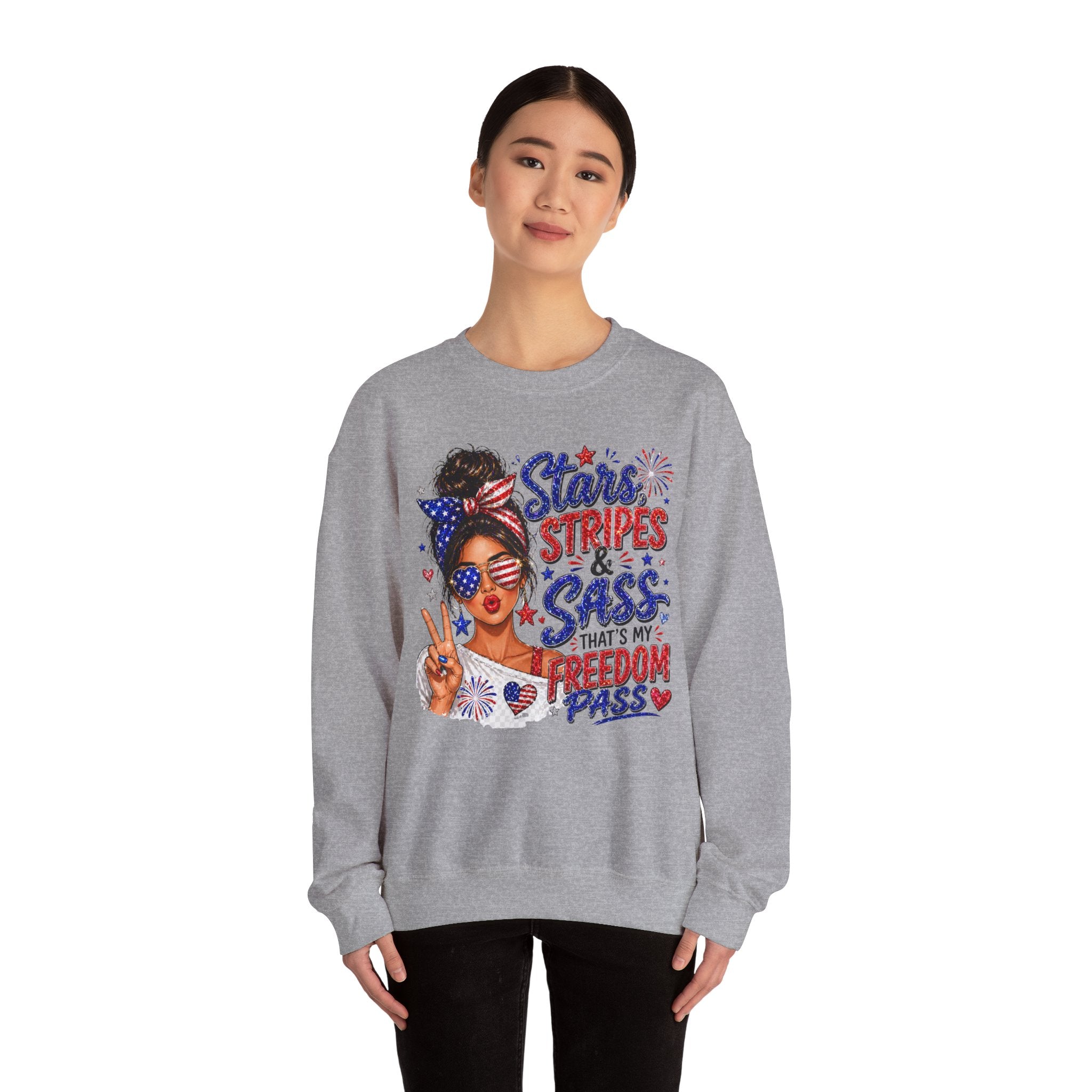 Patriotic 'Stars, Stripes & Sass' Crewneck Sweatshirt – 4th of July Freedom Pass Graphic