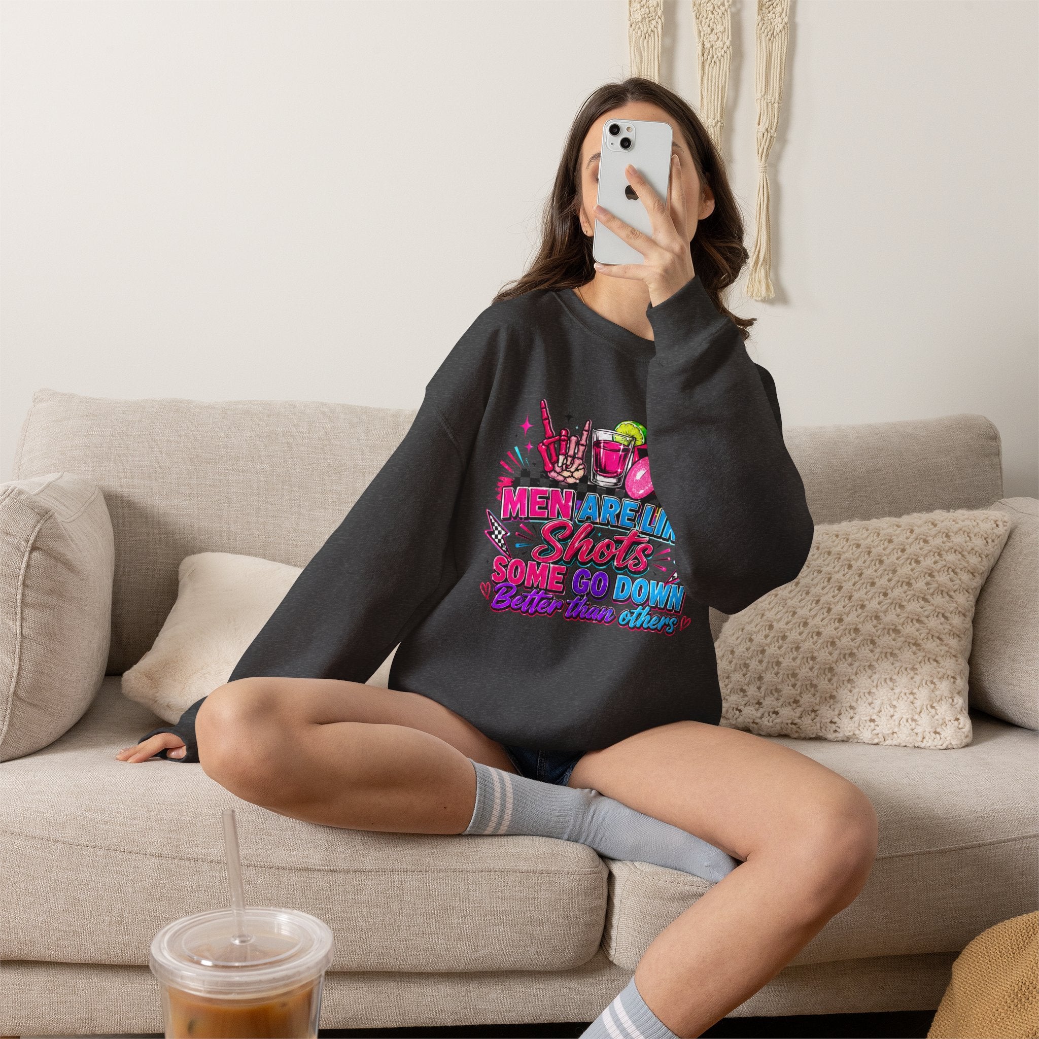 Crewneck Sweatshirt — "Men Are Like Shots" Retro Neon Cocktail Graphic