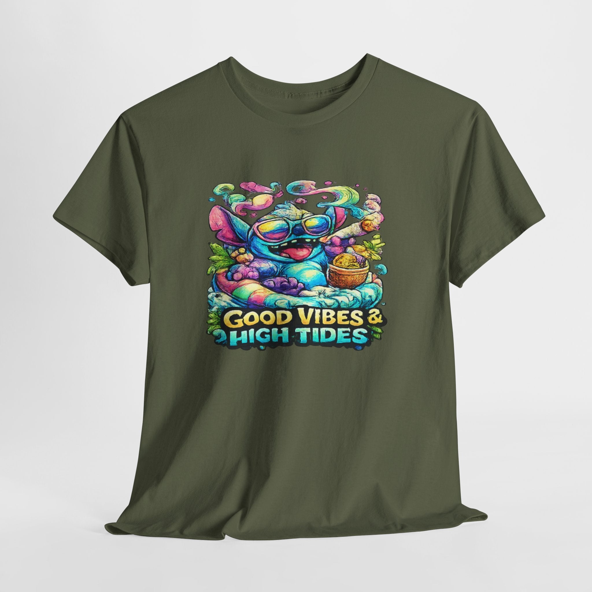 T-Shirt — "Good Vibes & High Tides" Colorful Surf Shark Graphic Tee