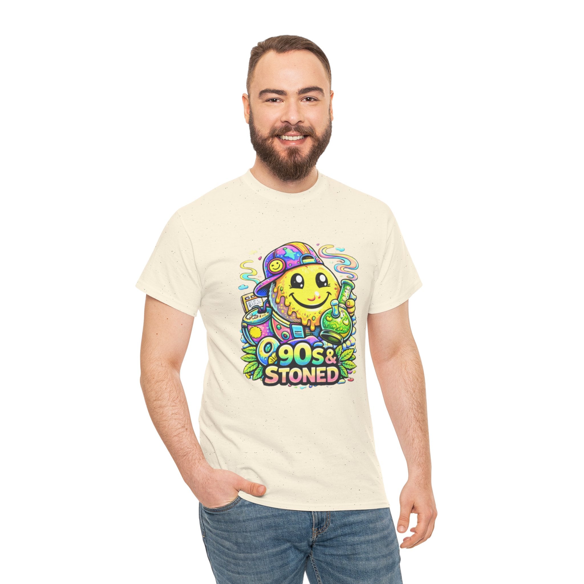 90s & Stoned Smiley Tee — Retro Vaporwave Cannabis Graphic T-Shirt