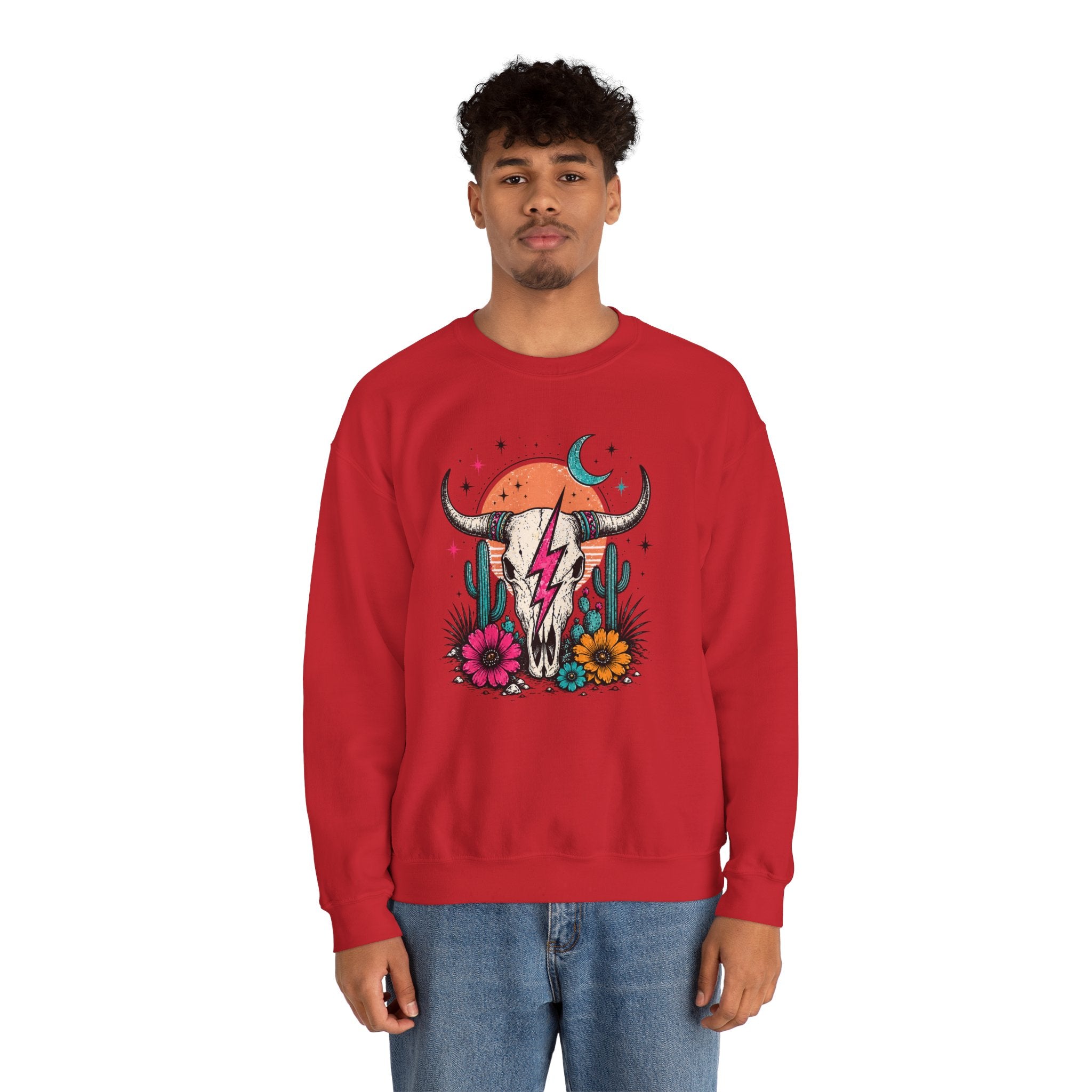 Southwest Skull Crewneck Sweatshirt — Desert Cactus Lightning Graphic