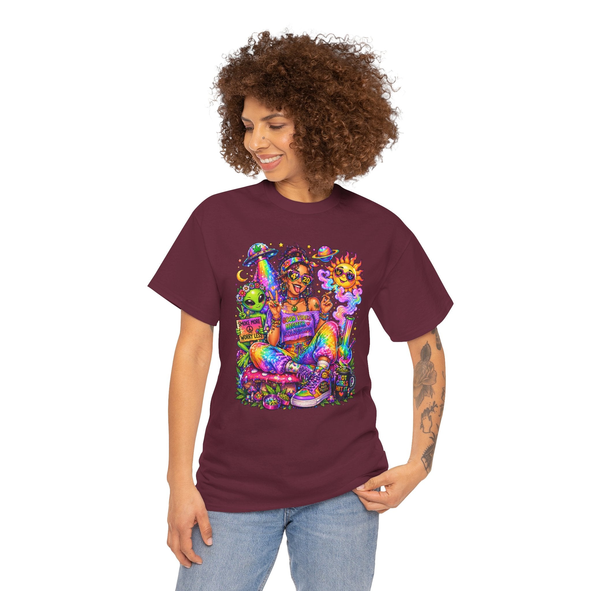 Psychedelic Hippie Girl T-Shirt — Colorful Boho Sun, Mushroom & Alien Graphic Tee