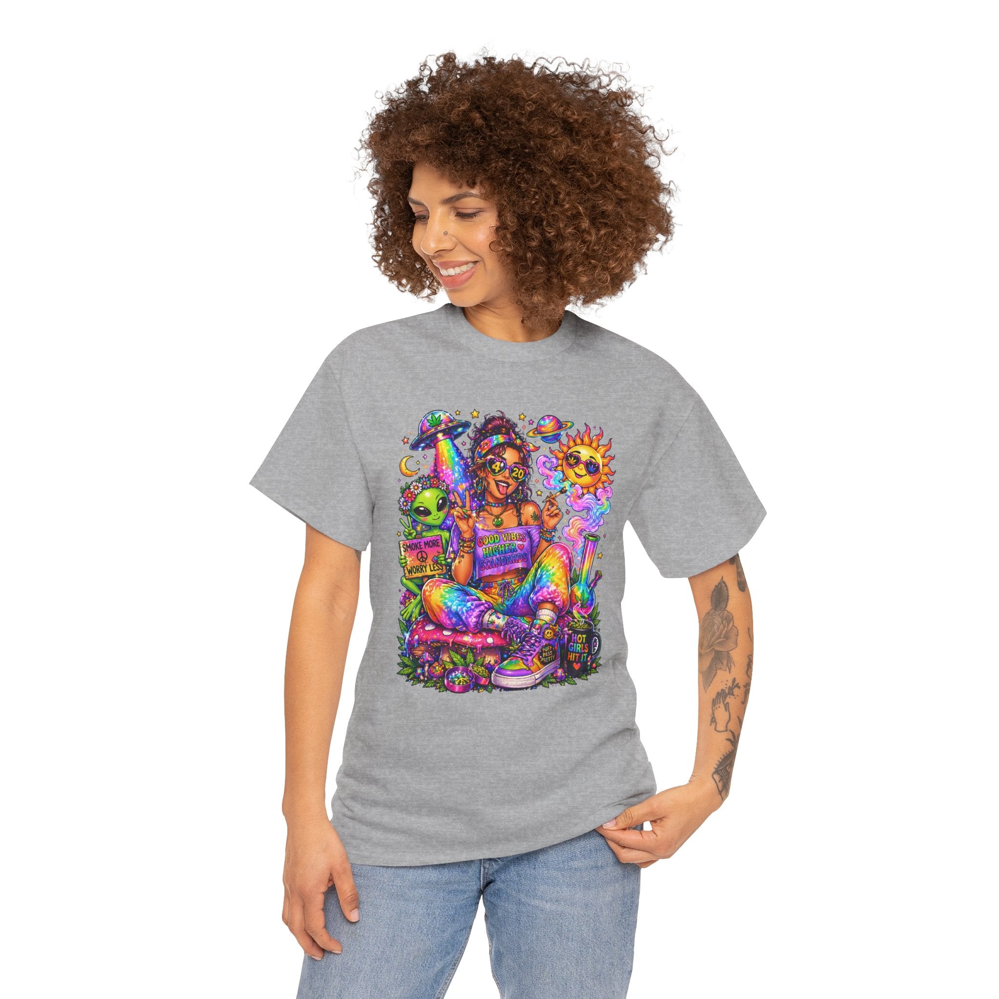 Psychedelic Hippie Girl T-Shirt — Colorful Boho Sun, Mushroom & Alien Graphic Tee