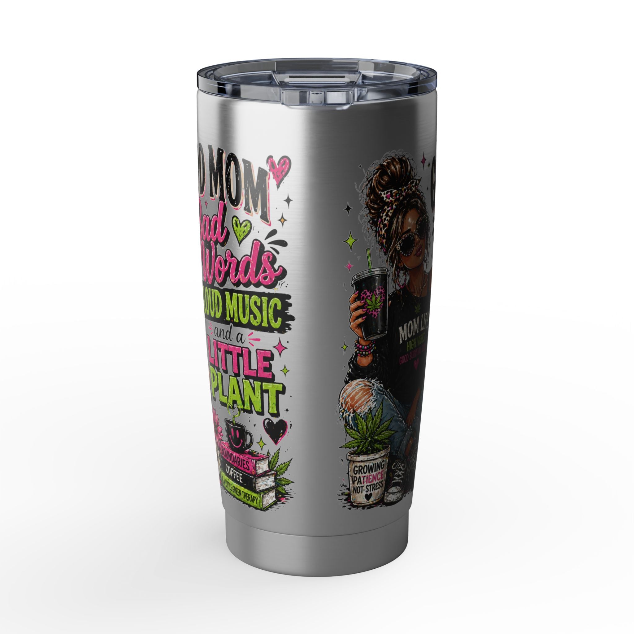 Mom Life 20oz Tumbler – 'Mom with Coffee, Plants & Music' Insulated Travel Cup