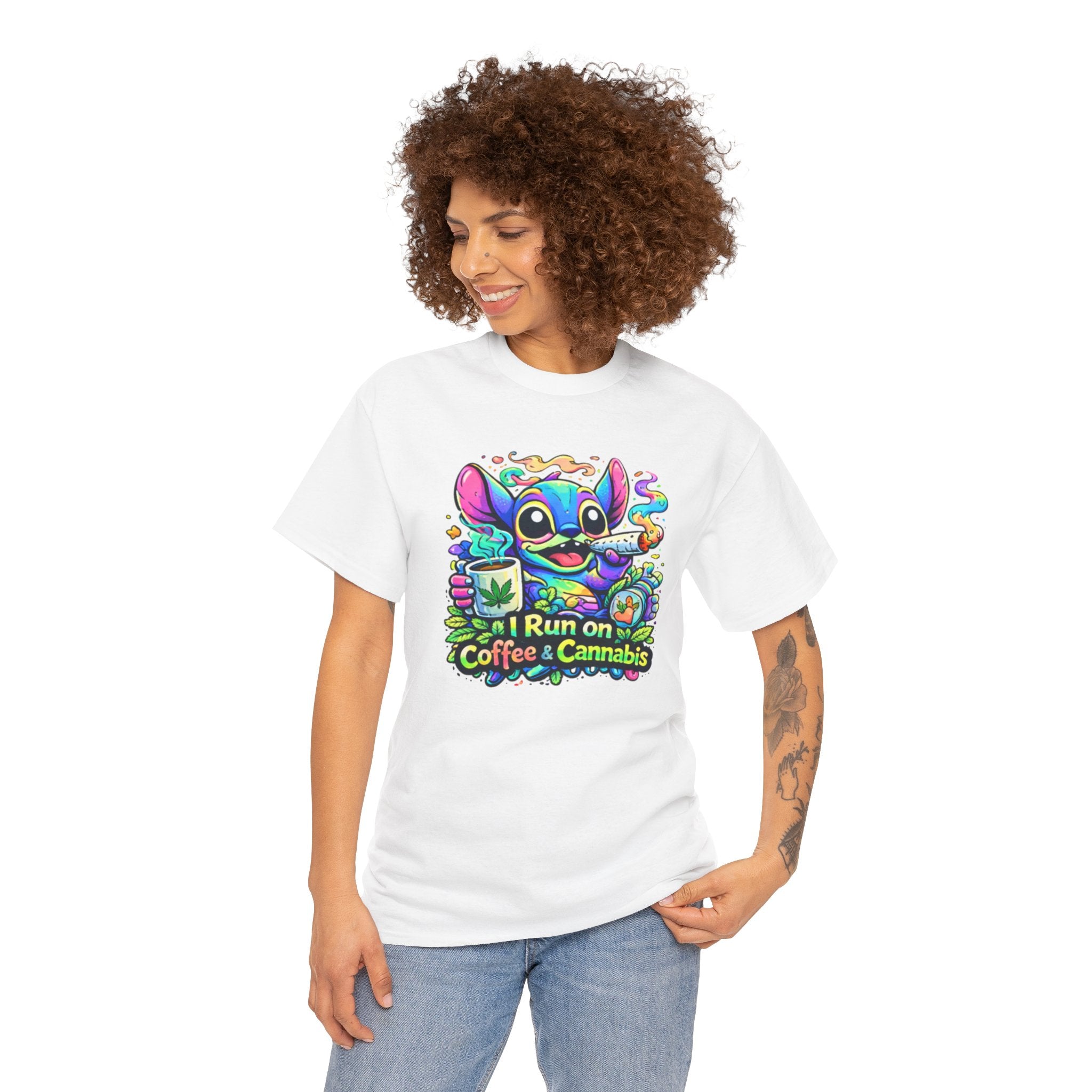 Coffee & Cannabis Tee — 'I Run on Coffee & Cannabis' Cute Stitch Graphic T-Shirt