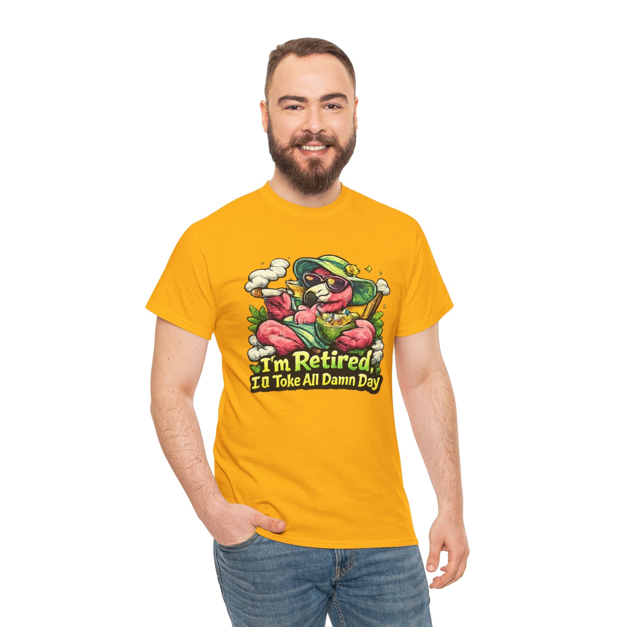 Retired Flamingo Tee — "I'm Retired, I'll Take All Damn Day" Retirement Humor T-Shirt
