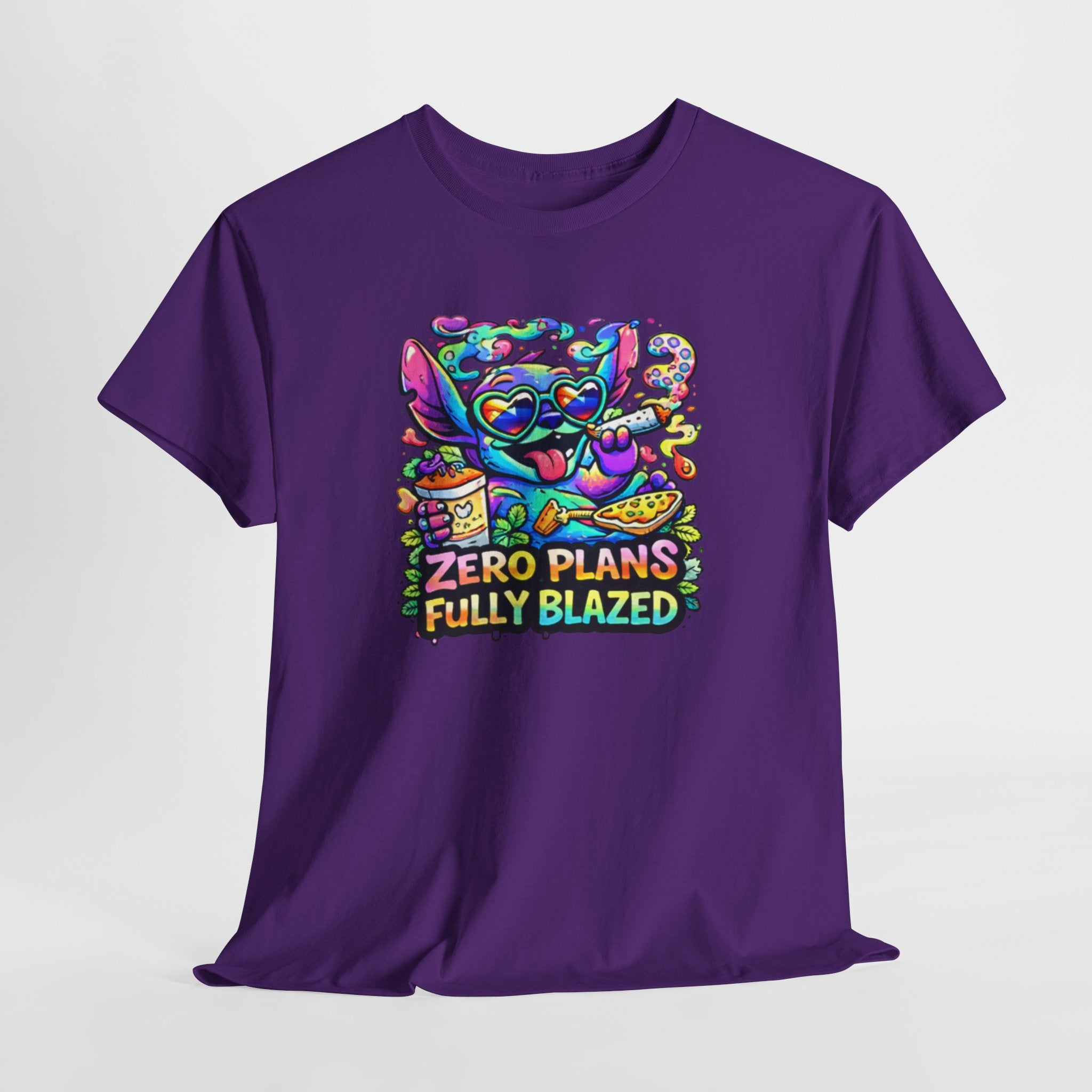 Zero Plans Fully Blazed Tee — Colorful Stoner Cat Graphic T-Shirt