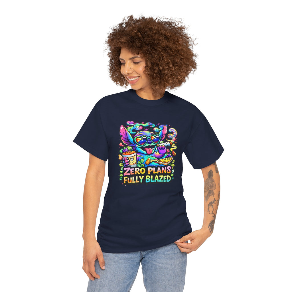 Zero Plans Fully Blazed Tee — Colorful Stoner Cat Graphic T-Shirt