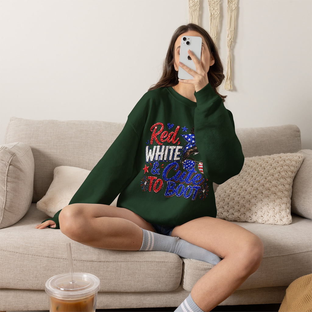 Crewneck Sweatshirt - "Red, White & Cute to Boot" Patriotic Women’s Graphic