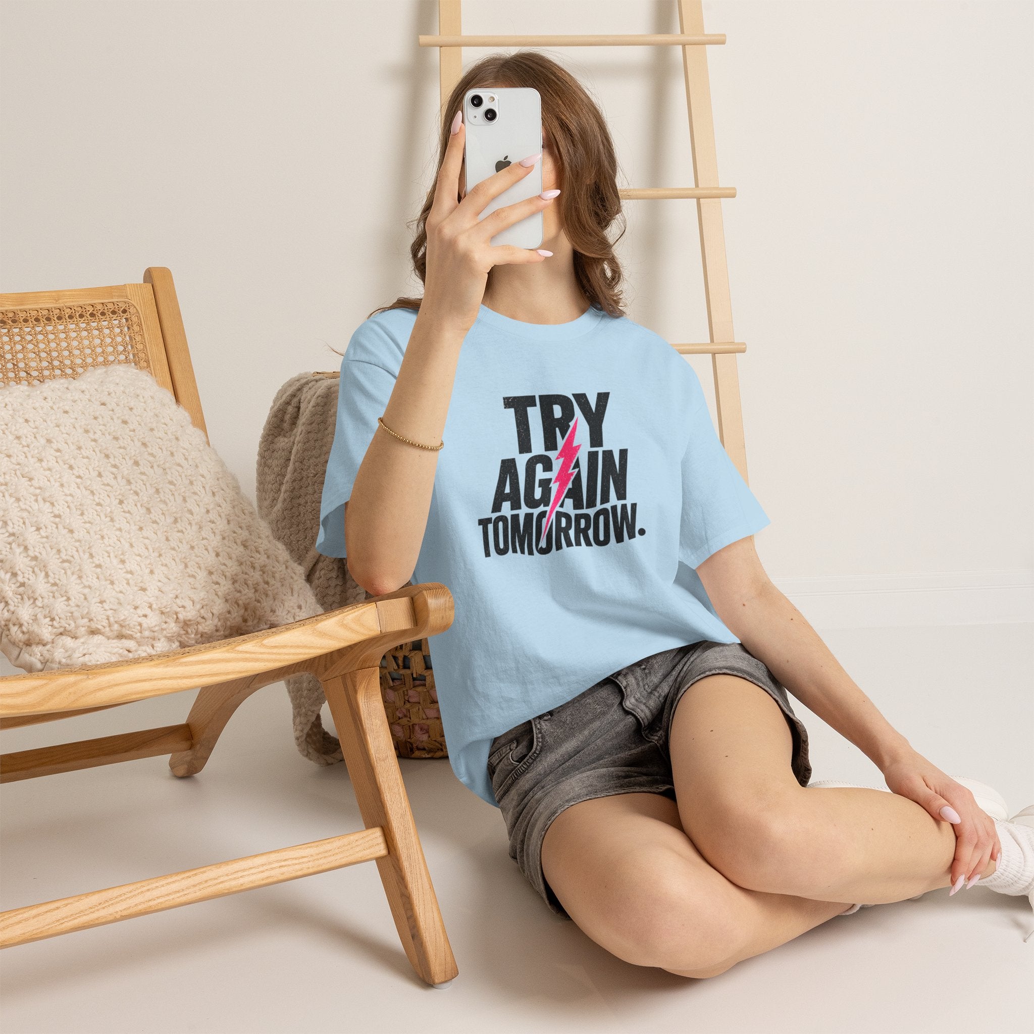 Try Again Tomorrow T-Shirt — Motivational Graphic Tee with Lightning Bolt