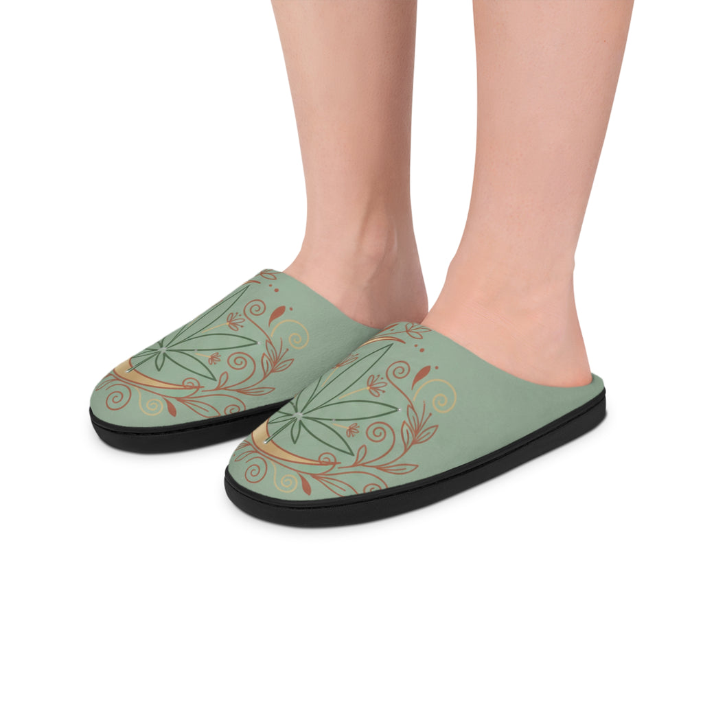 Women's Indoor Slippers — Sage Floral Crescent Moon Cozy House Shoes