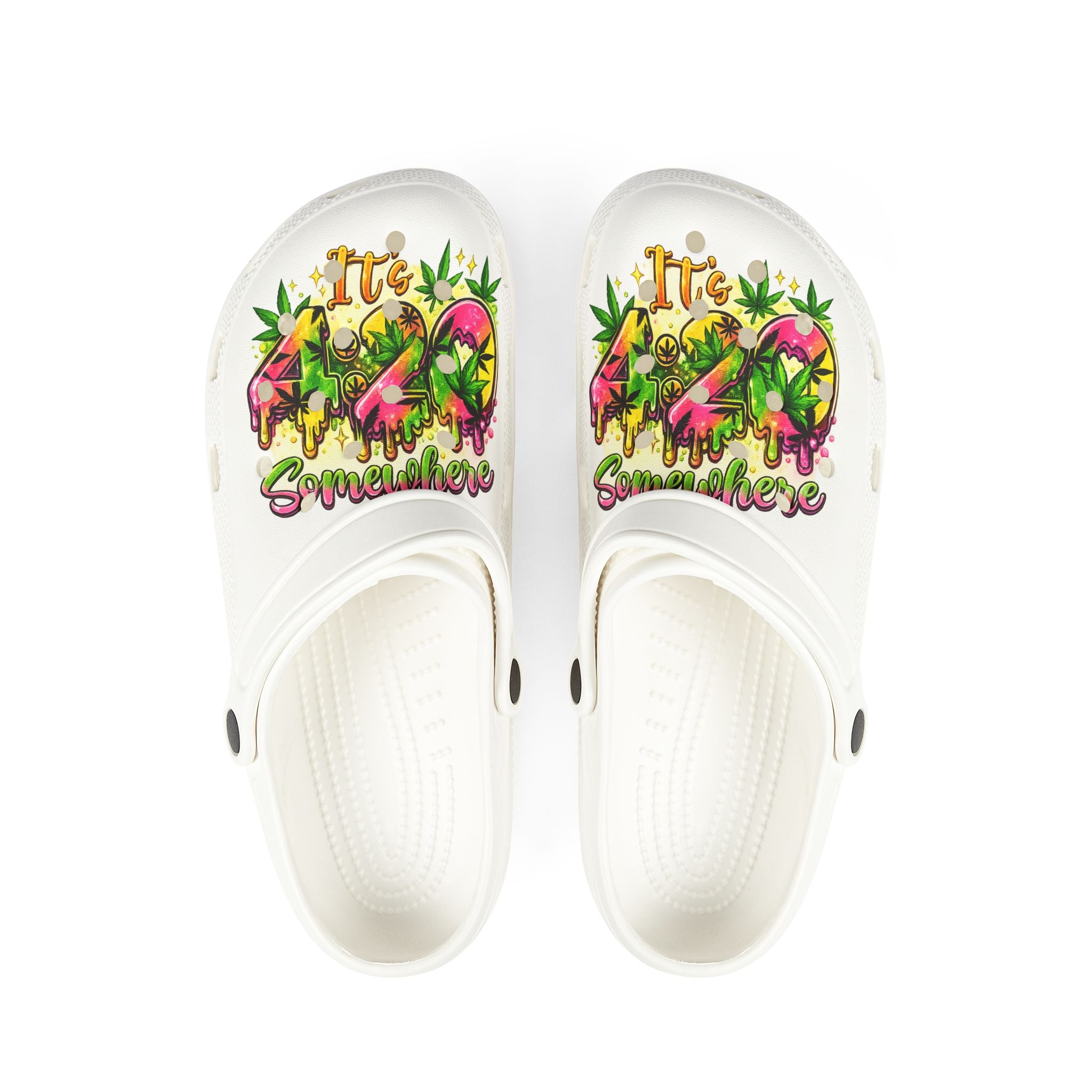 White EVA Foam Clogs — 'It’s 4:20 Somewhere' Tropical Cannabis Graphic