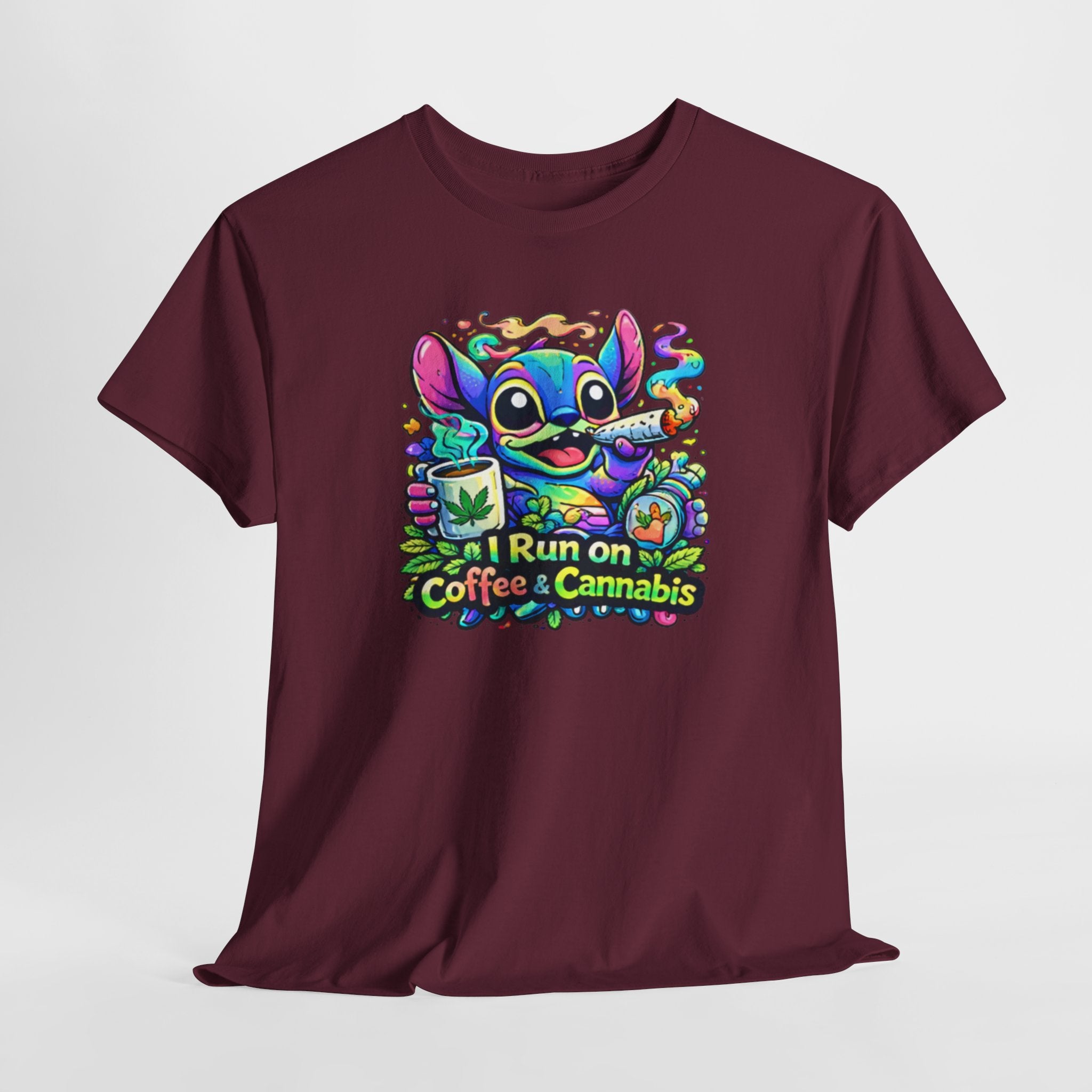 Coffee & Cannabis Tee — 'I Run on Coffee & Cannabis' Cute Stitch Graphic T-Shirt