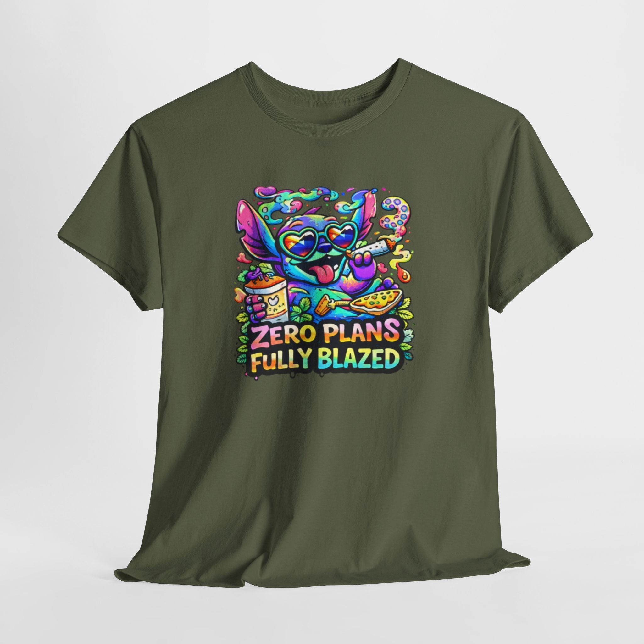 Zero Plans Fully Blazed Tee — Colorful Stoner Cat Graphic T-Shirt