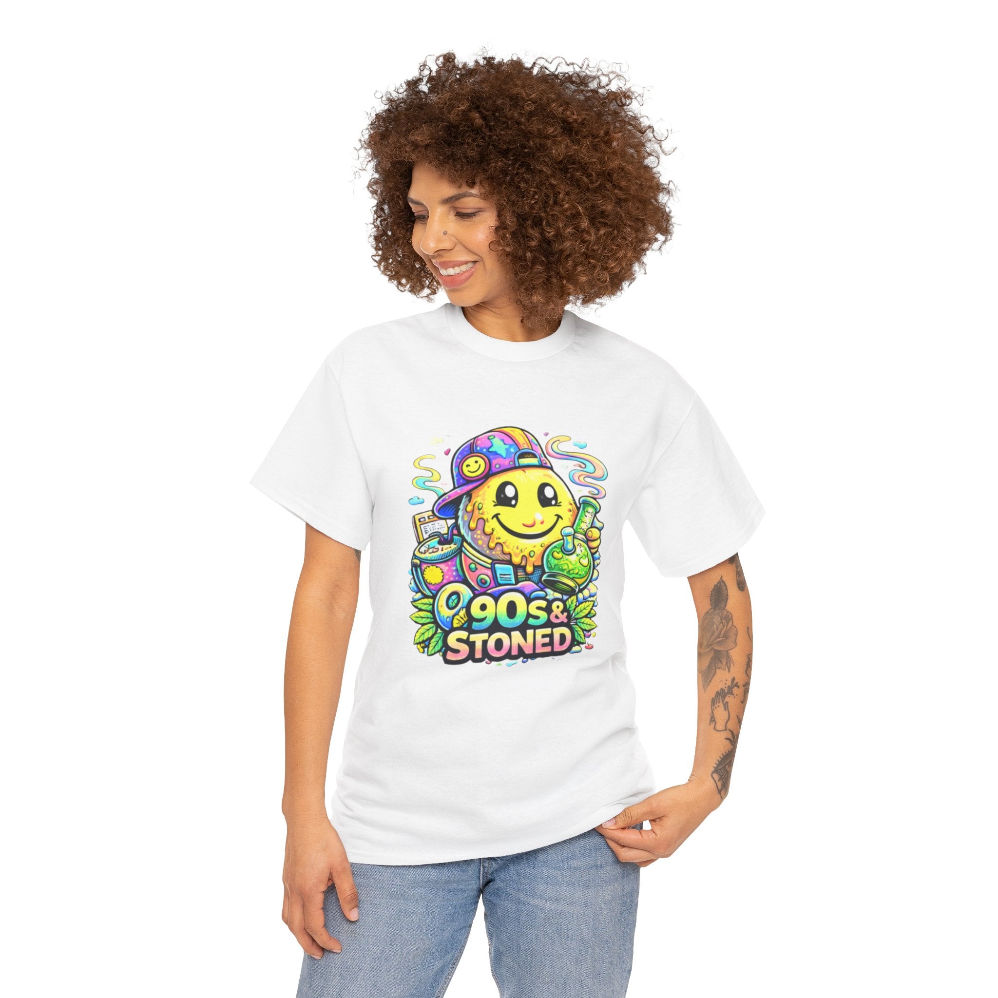 90s & Stoned Smiley Tee — Retro Vaporwave Cannabis Graphic T-Shirt