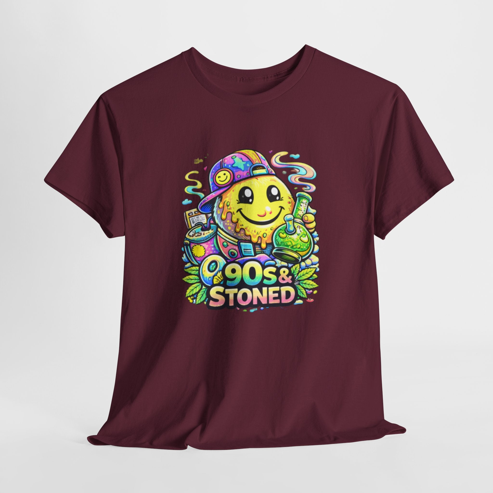 90s & Stoned Smiley Tee — Retro Vaporwave Cannabis Graphic T-Shirt