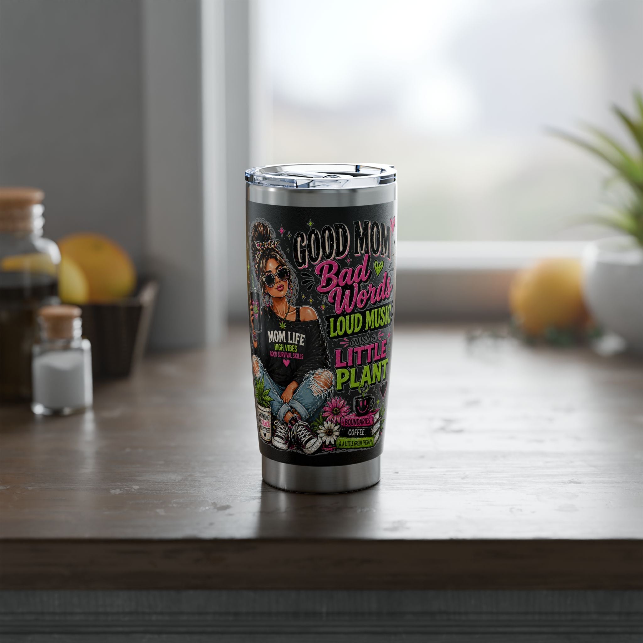 Mom Life 20oz Tumbler – 'Mom with Coffee, Plants & Music' Insulated Travel Cup
