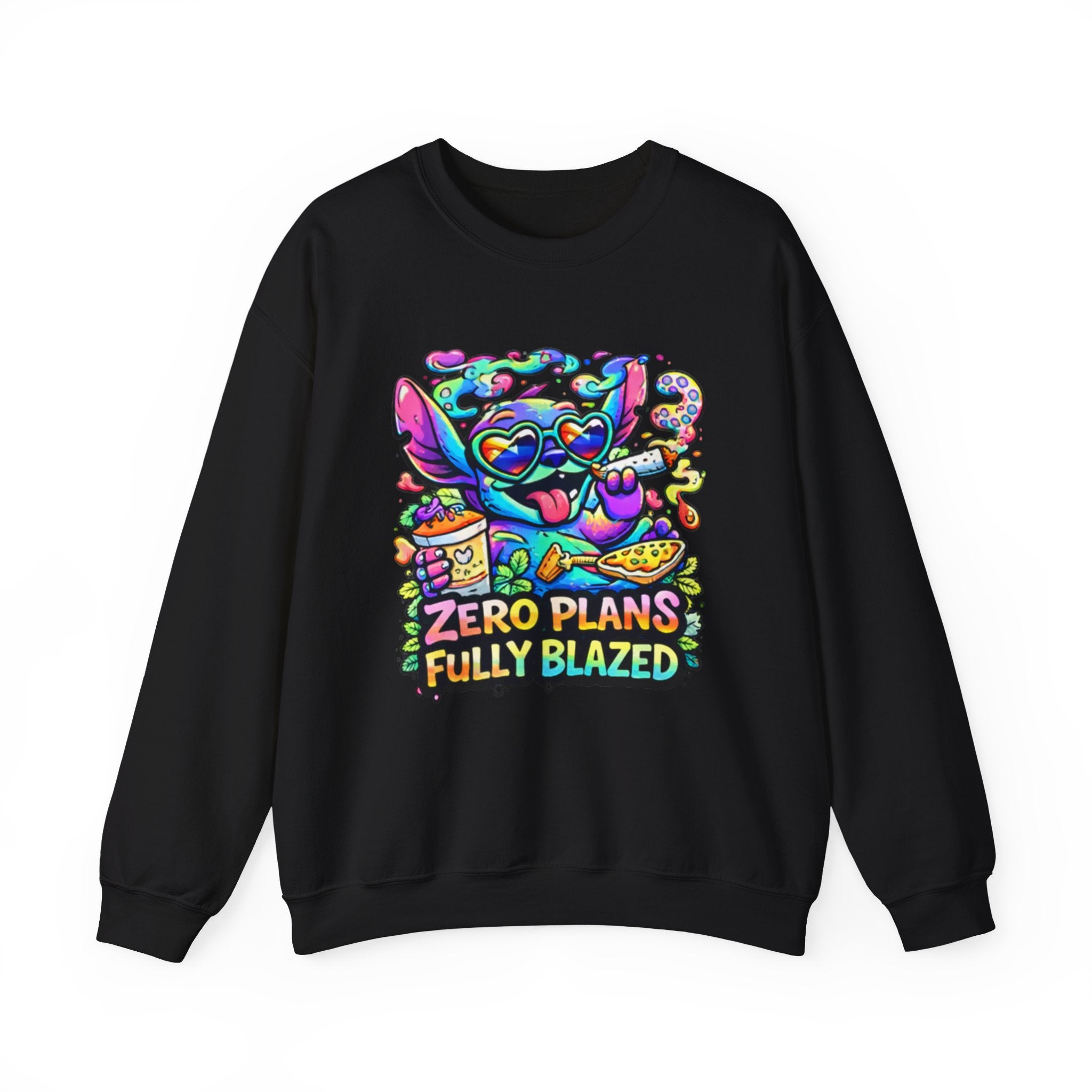 Crewneck Sweatshirt — "Zero Plans Fully Blazed" Colorful Stoner Cartoon Graphic