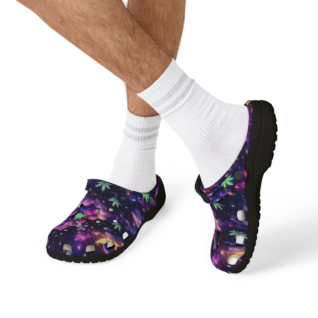 Celestial Teddy Moon EVA Clogs — Purple Galaxy Forest Print Foam Shoes