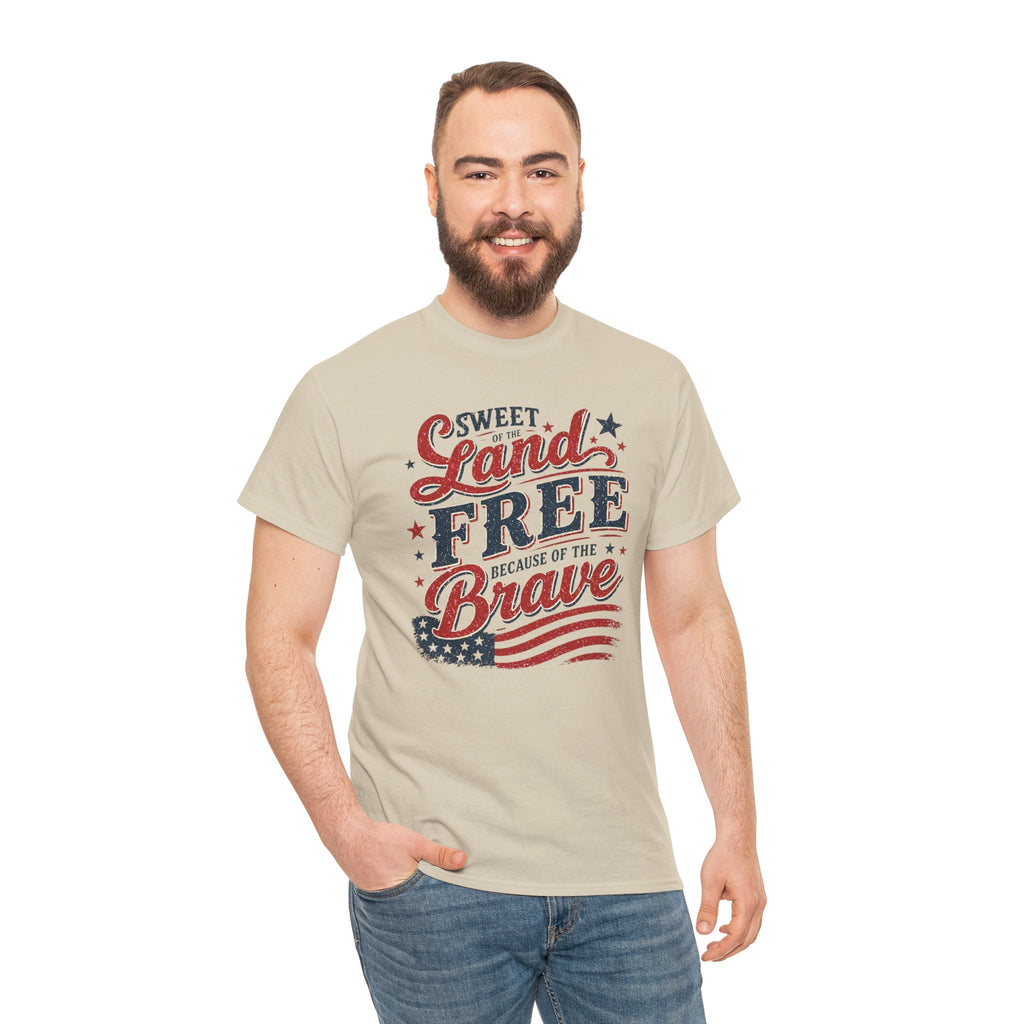 Patriotic Tee — "Sweet Land Free Because of the Brave" American Flag Shirt