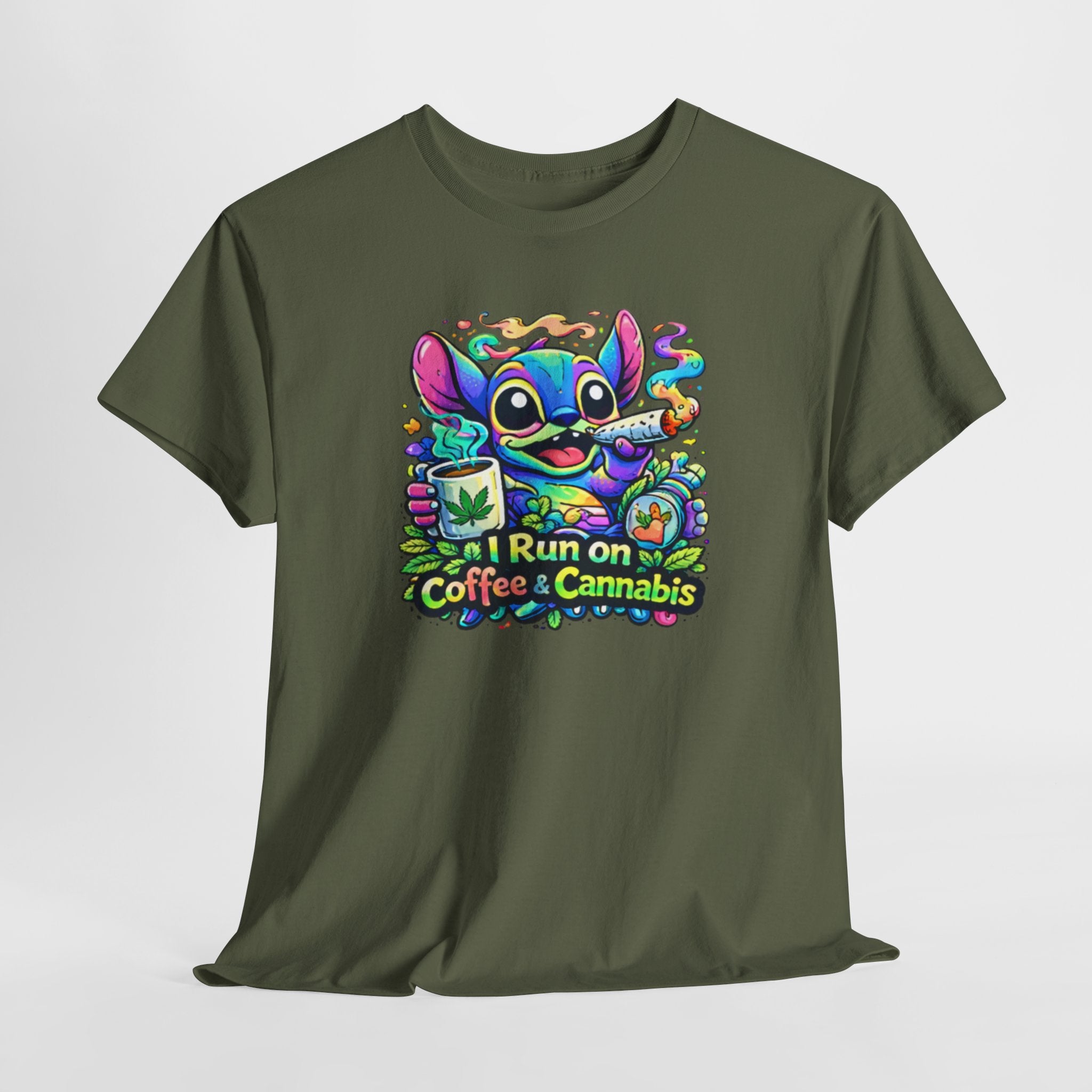 Coffee & Cannabis Tee — 'I Run on Coffee & Cannabis' Cute Stitch Graphic T-Shirt