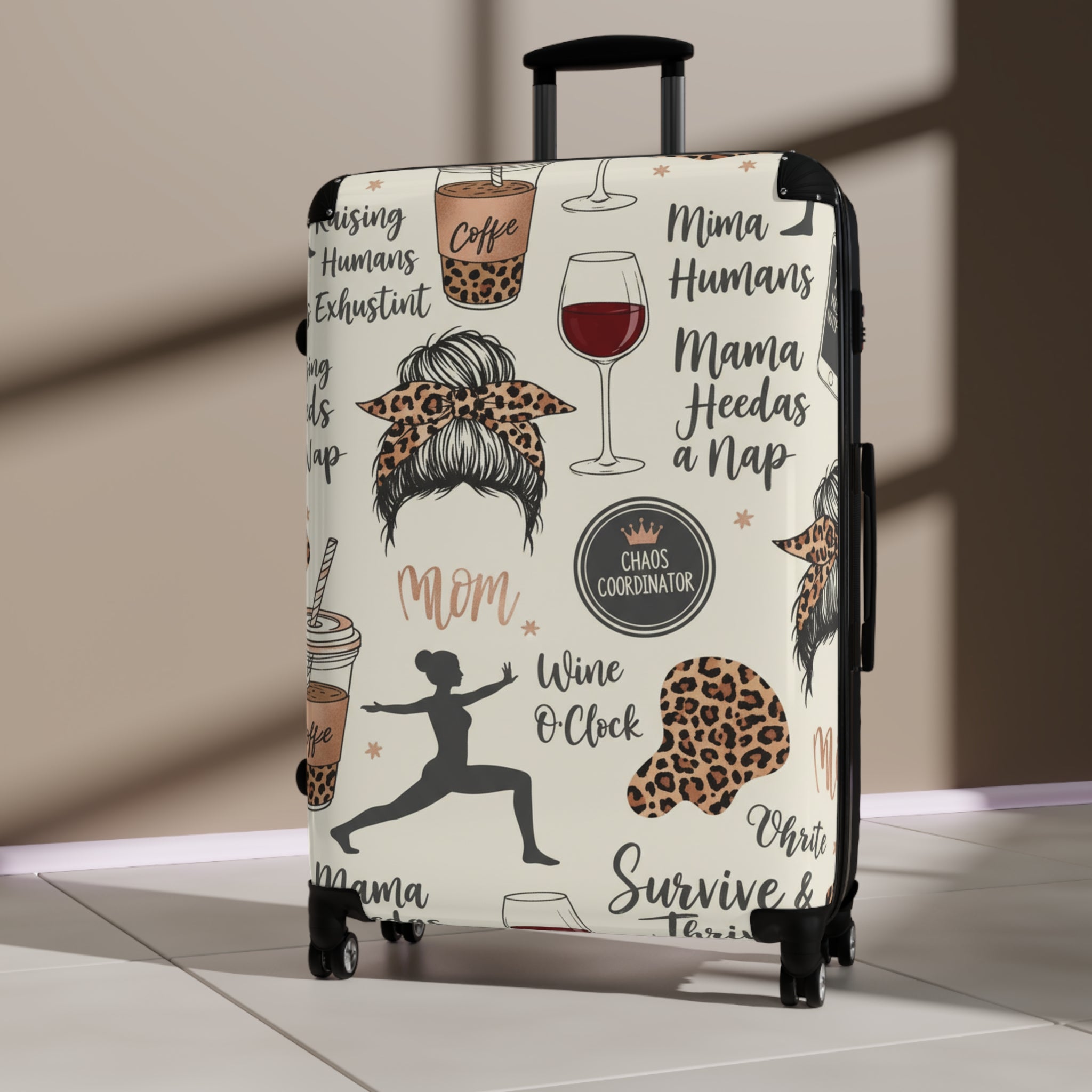 Mama Travel Suitcase - Funny Mom Pattern with Wine, Coffee & Leopard Print