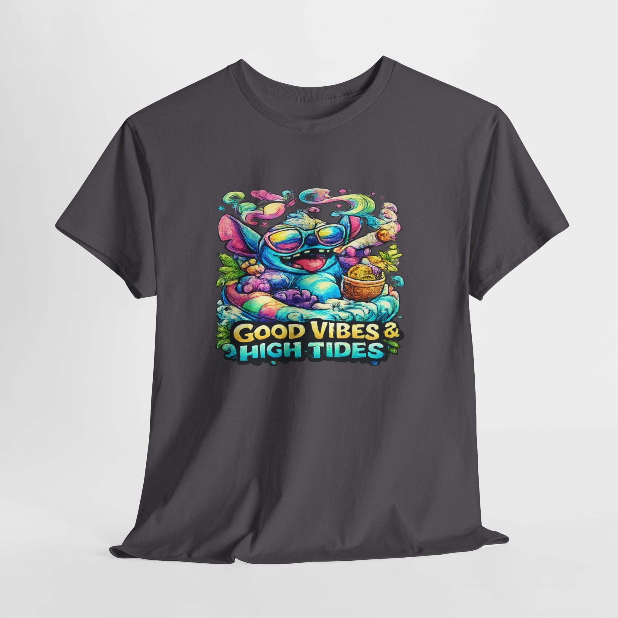 T-Shirt — "Good Vibes & High Tides" Colorful Surf Shark Graphic Tee