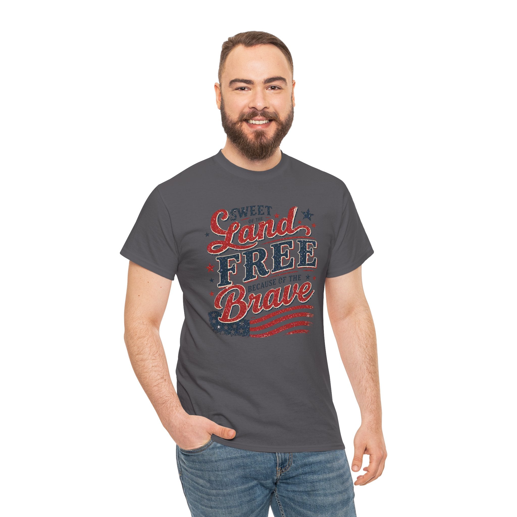 Patriotic Tee — "Sweet Land Free Because of the Brave" American Flag Shirt