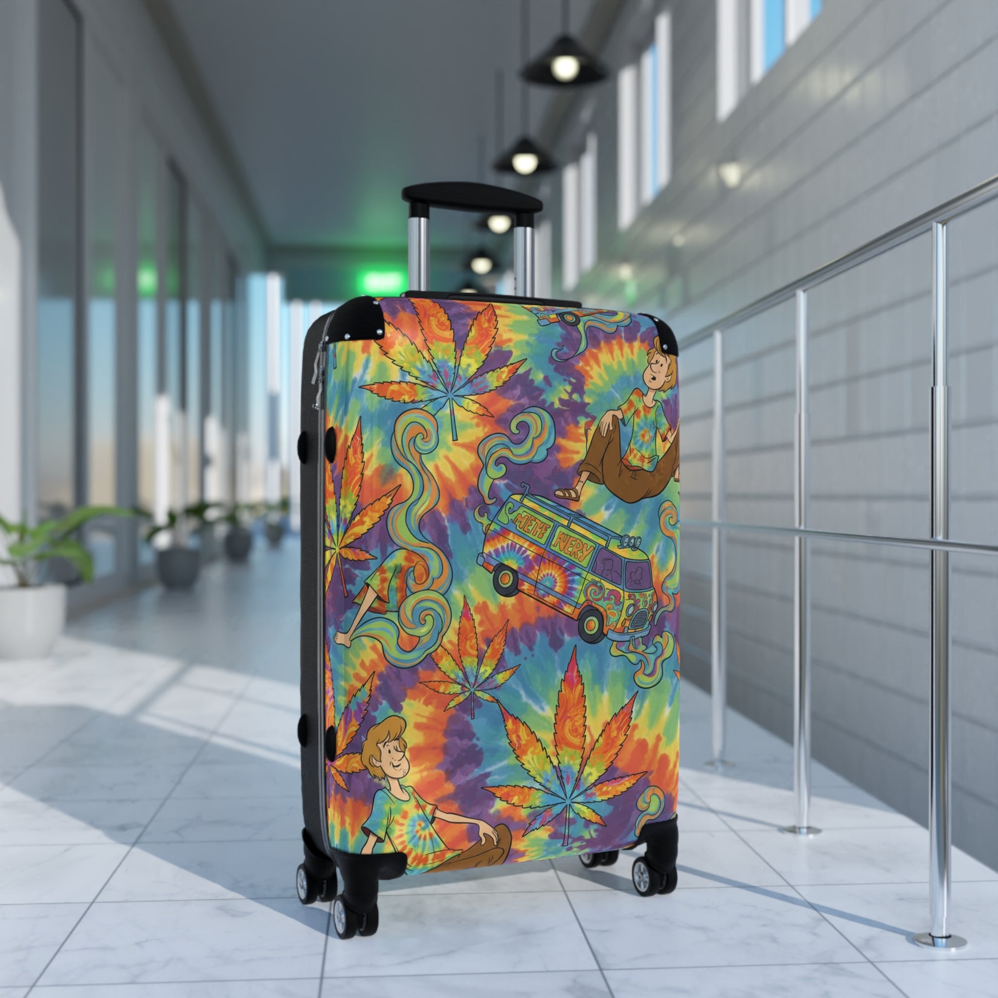 Tie-Dye Hippie Van Suitcase - Colorful Retro Cannabis Leaf Carry-On