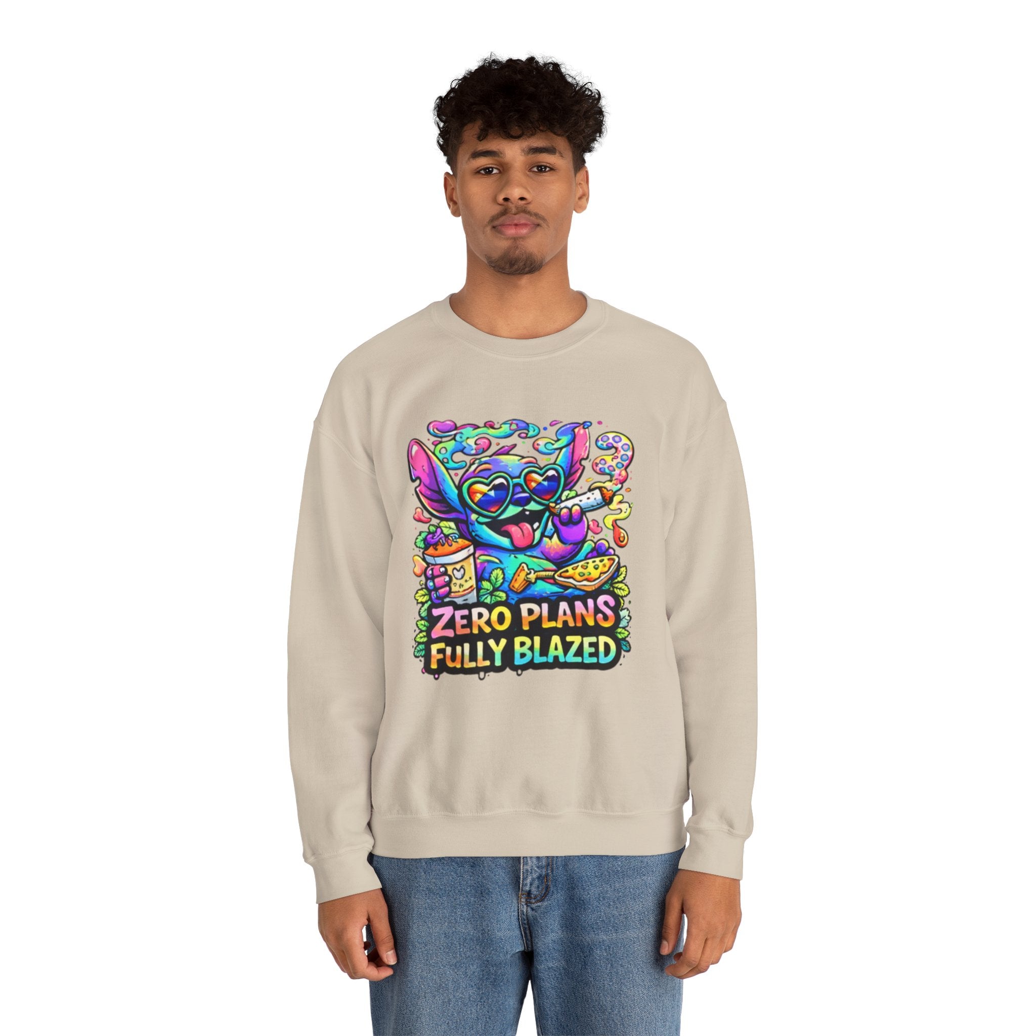 Crewneck Sweatshirt — "Zero Plans Fully Blazed" Colorful Stoner Cartoon Graphic