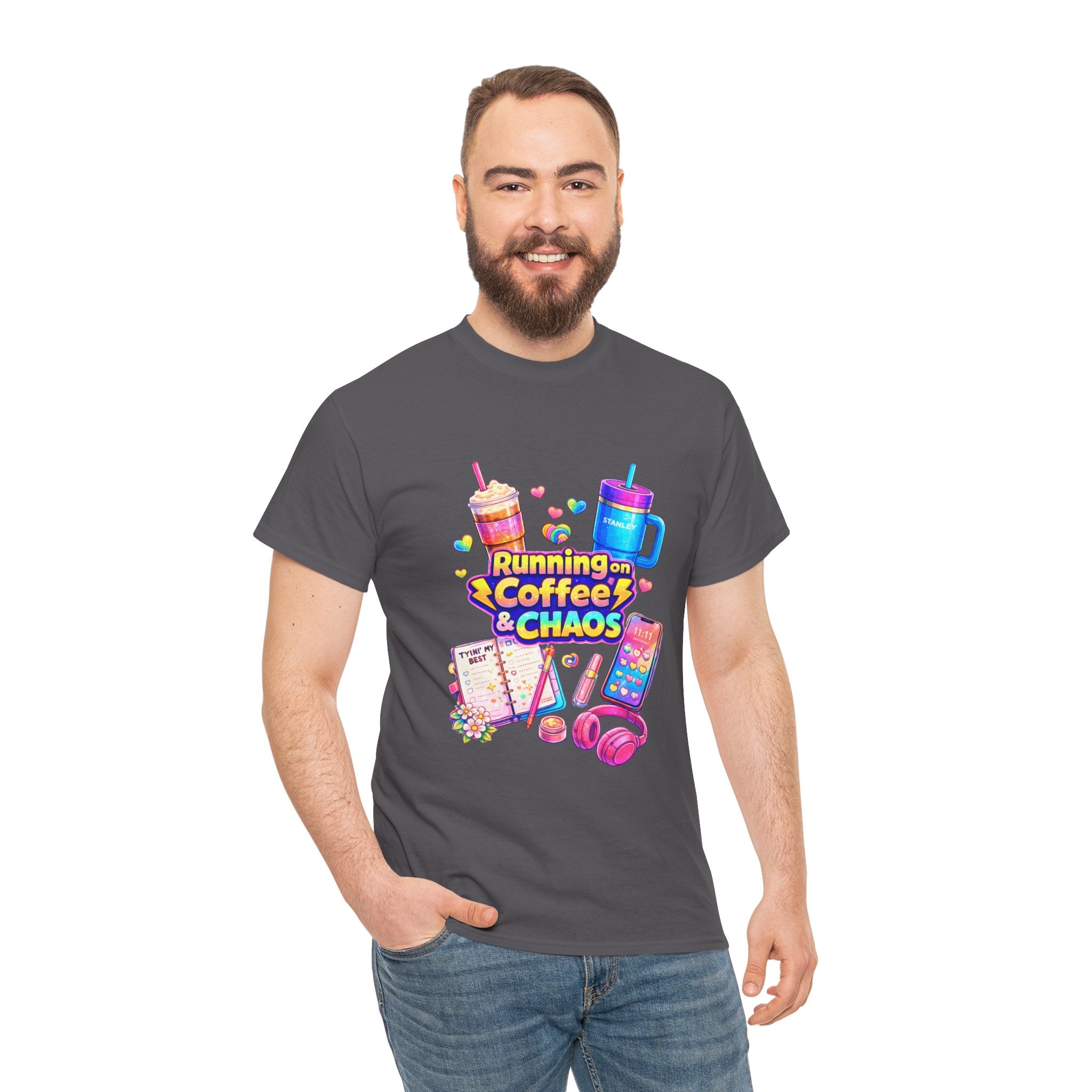 Graphic Tee — "Running on Coffee & Chaos" Colorful Planner Lover Shirt