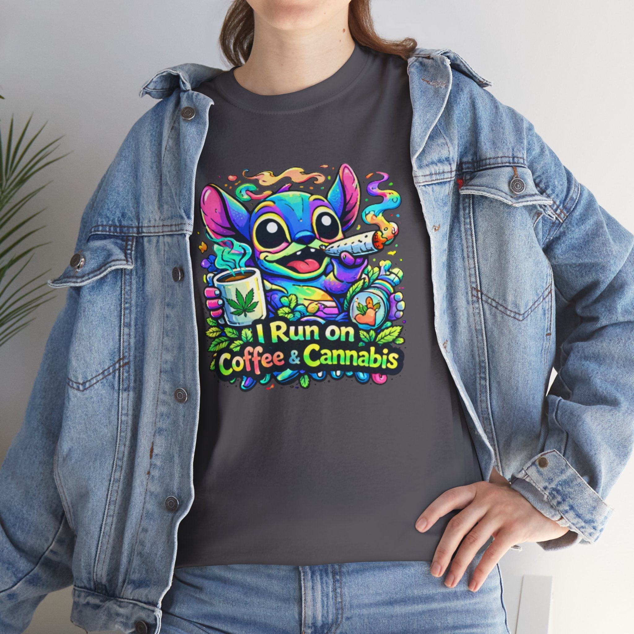 Coffee & Cannabis Tee — 'I Run on Coffee & Cannabis' Cute Stitch Graphic T-Shirt