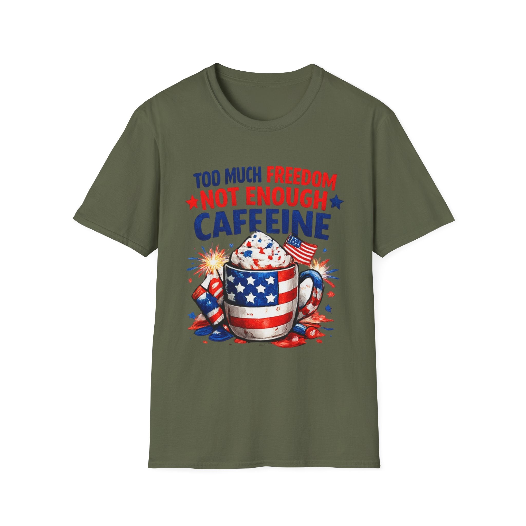 Patriotic Coffee T-Shirt — "Too Much Freedom Not Enough Caffeine"