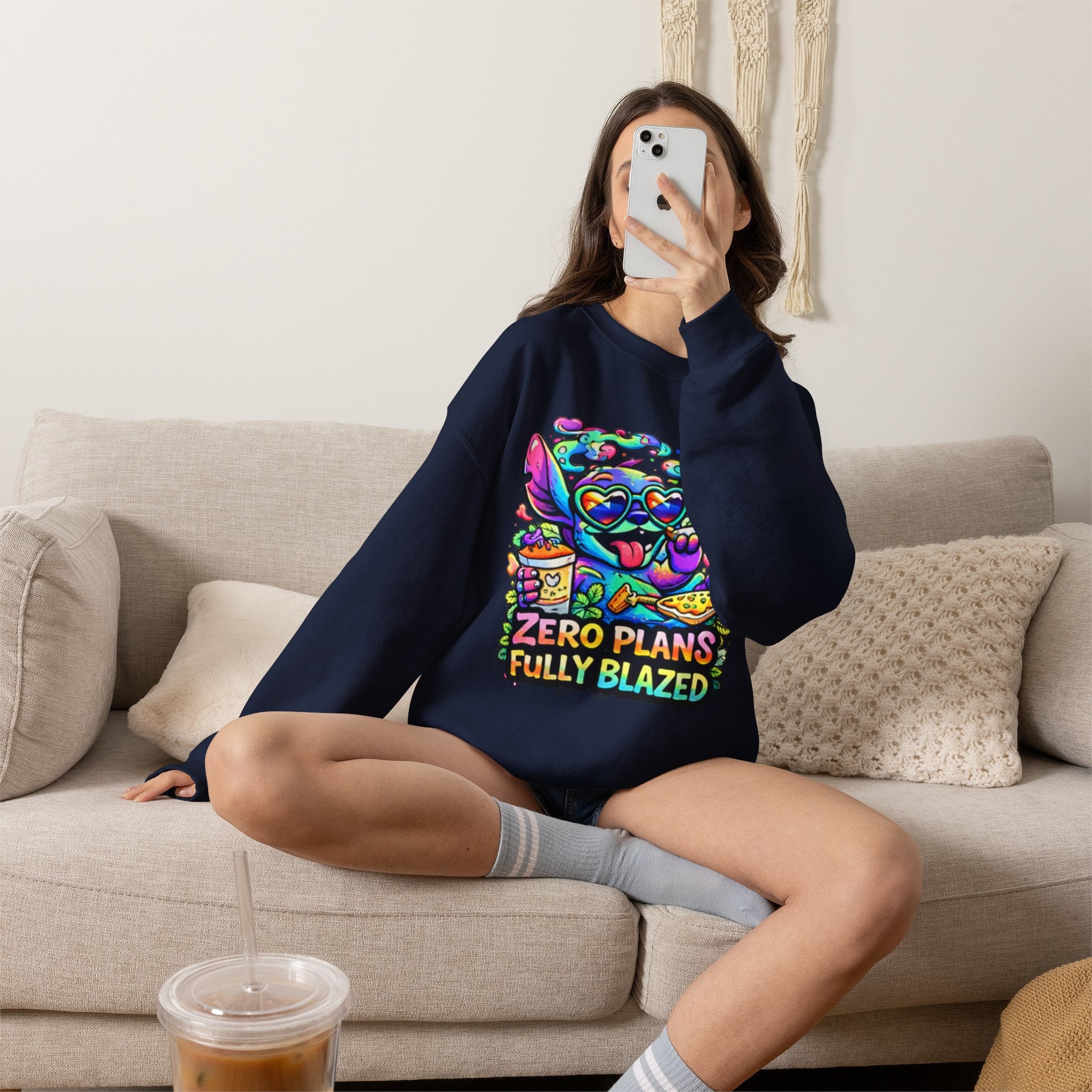 Crewneck Sweatshirt — "Zero Plans Fully Blazed" Colorful Stoner Cartoon Graphic