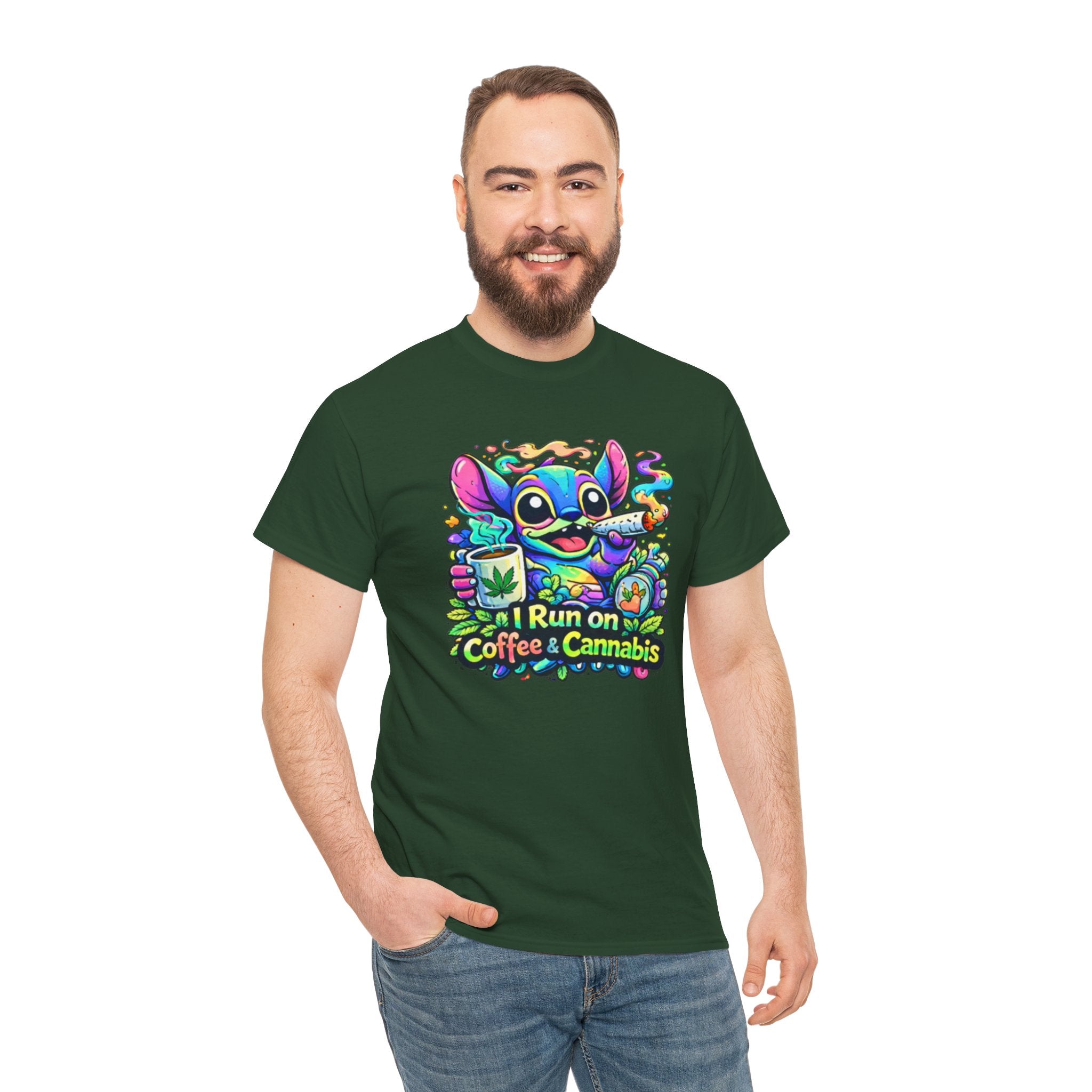Coffee & Cannabis Tee — 'I Run on Coffee & Cannabis' Cute Stitch Graphic T-Shirt