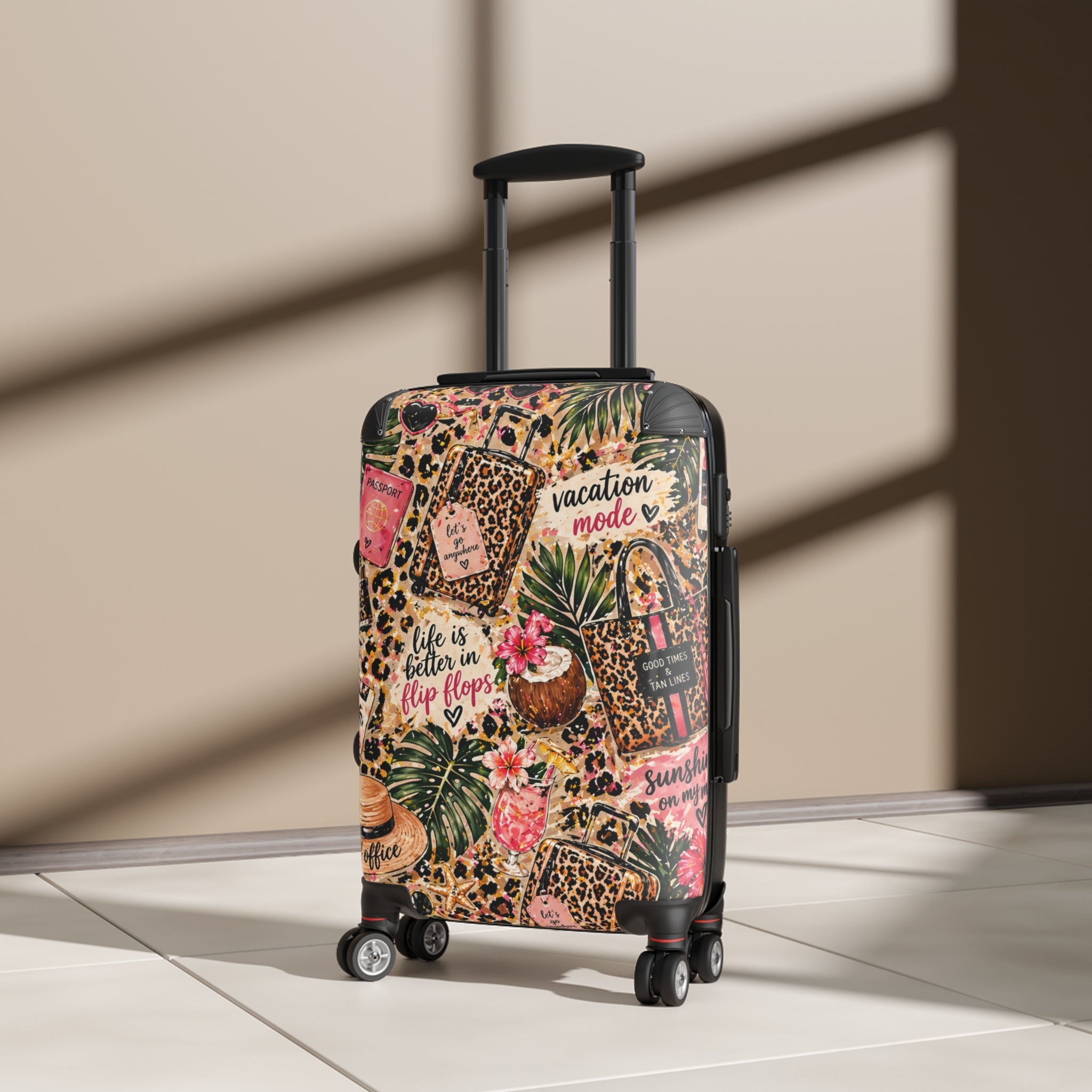 Leopard Tropical "Vacation Mode" Suitcase — Cabin Luggage Cover with ‘Life Is Better in Flip Flops’ Design