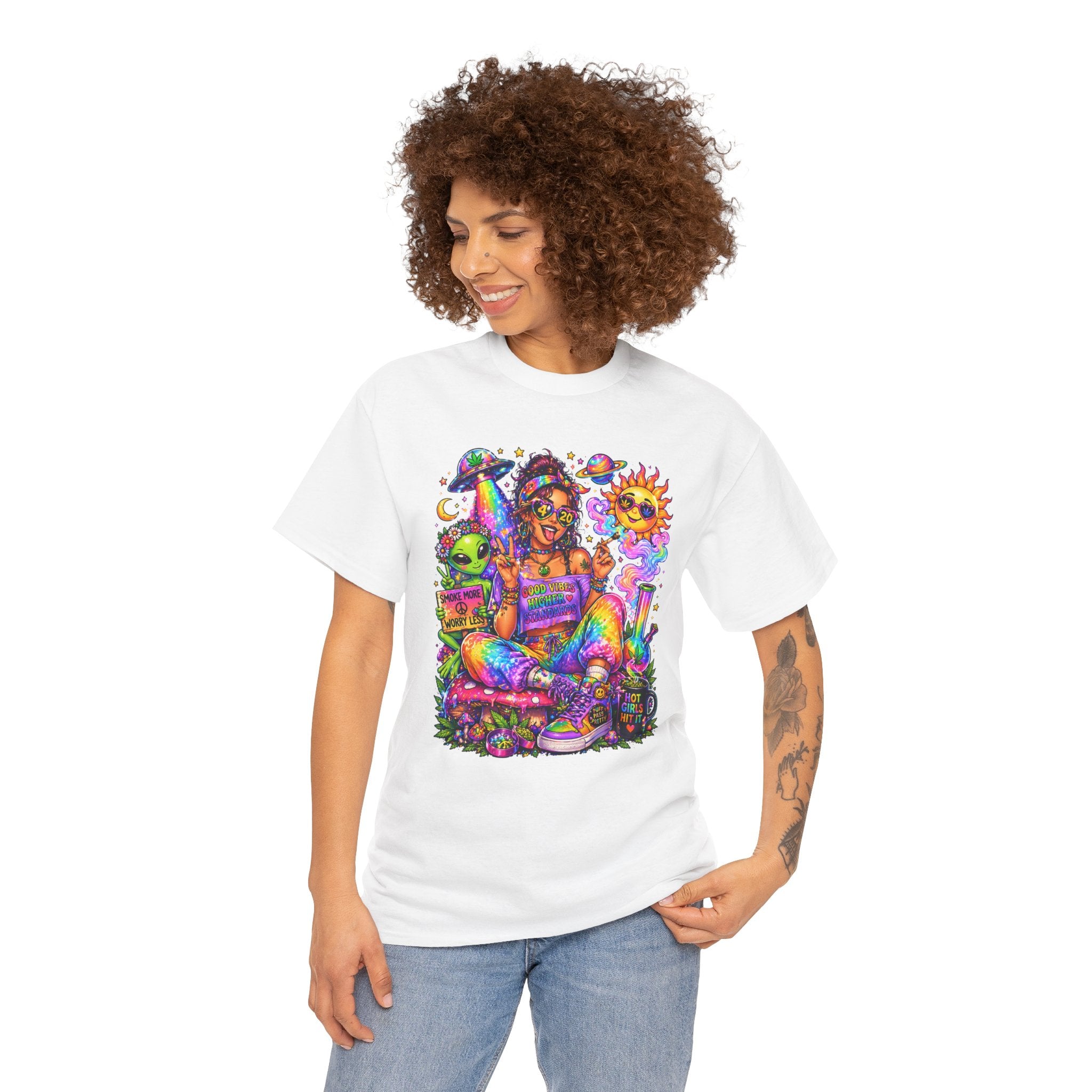 Psychedelic Hippie Girl T-Shirt — Colorful Boho Sun, Mushroom & Alien Graphic Tee