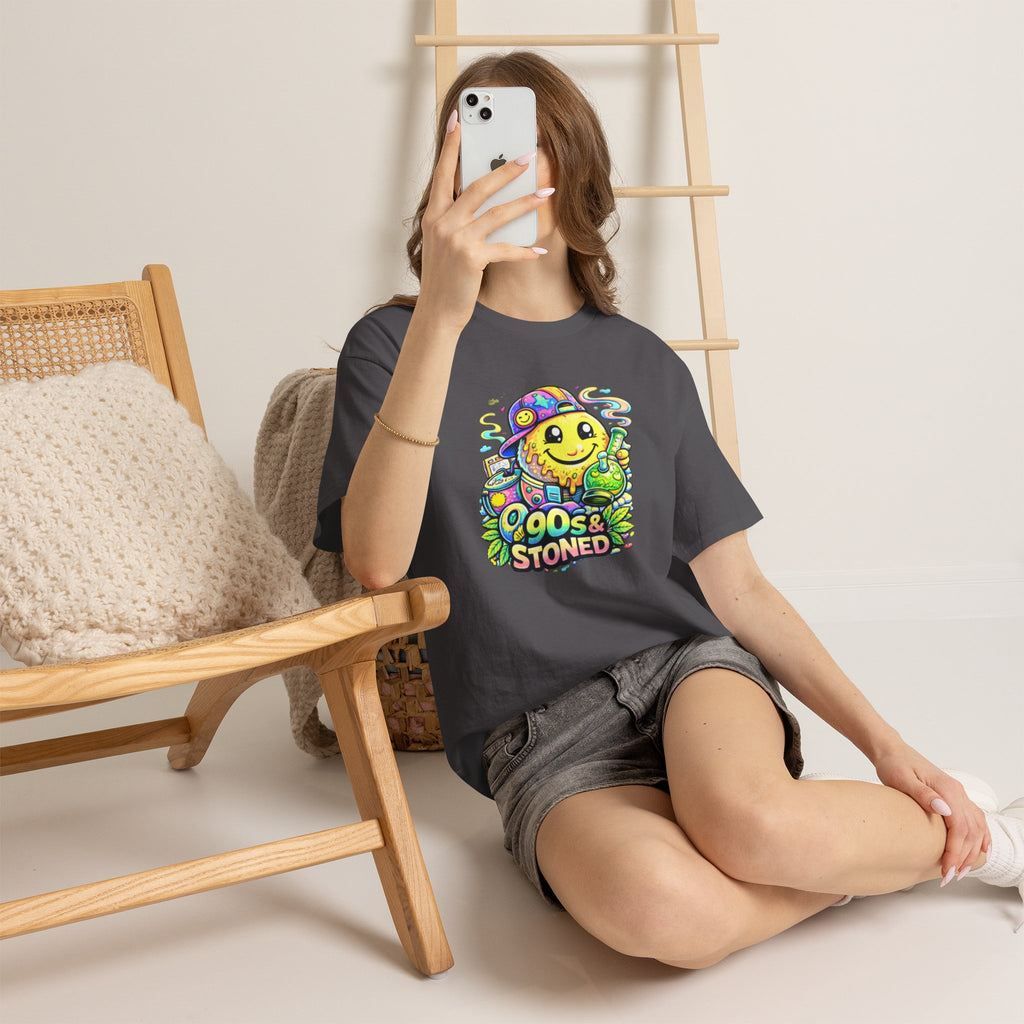 90s & Stoned Smiley Tee — Retro Vaporwave Cannabis Graphic T-Shirt