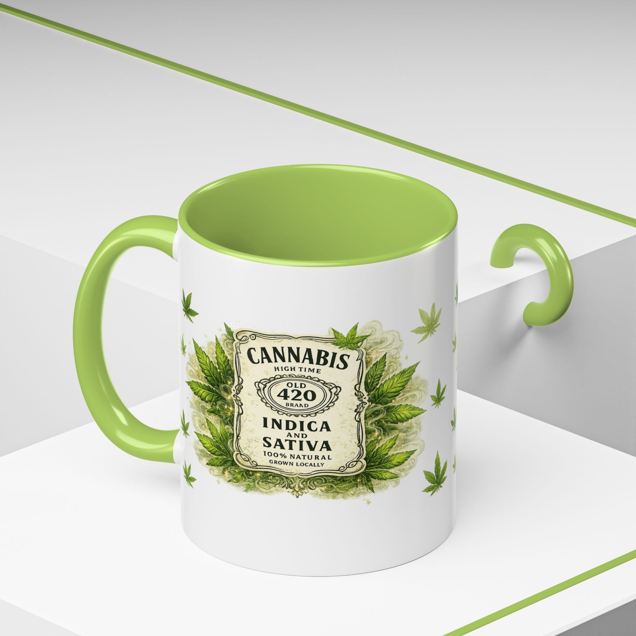 Cannabis 420 Accent Coffee Mug — Indica & Sativa Leaf Pattern (11/15oz)