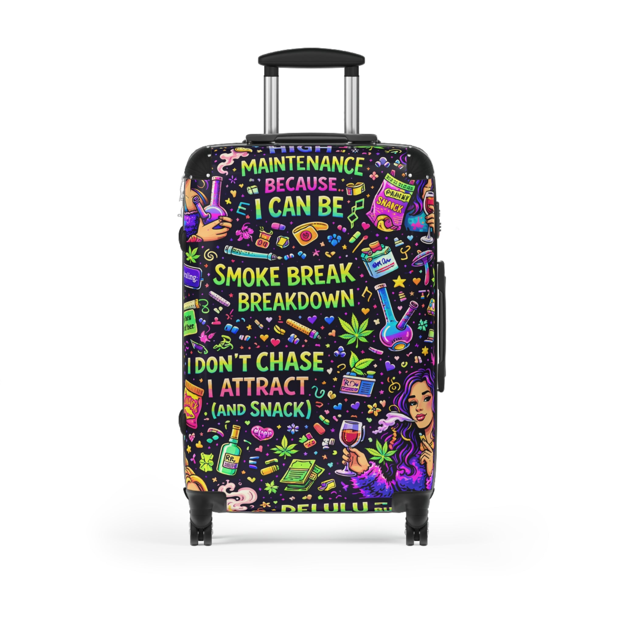 Suitcase — Colorful Cannabis Self-Care Carry-On: "Maintenance Because I Can Be" Travel Luggage