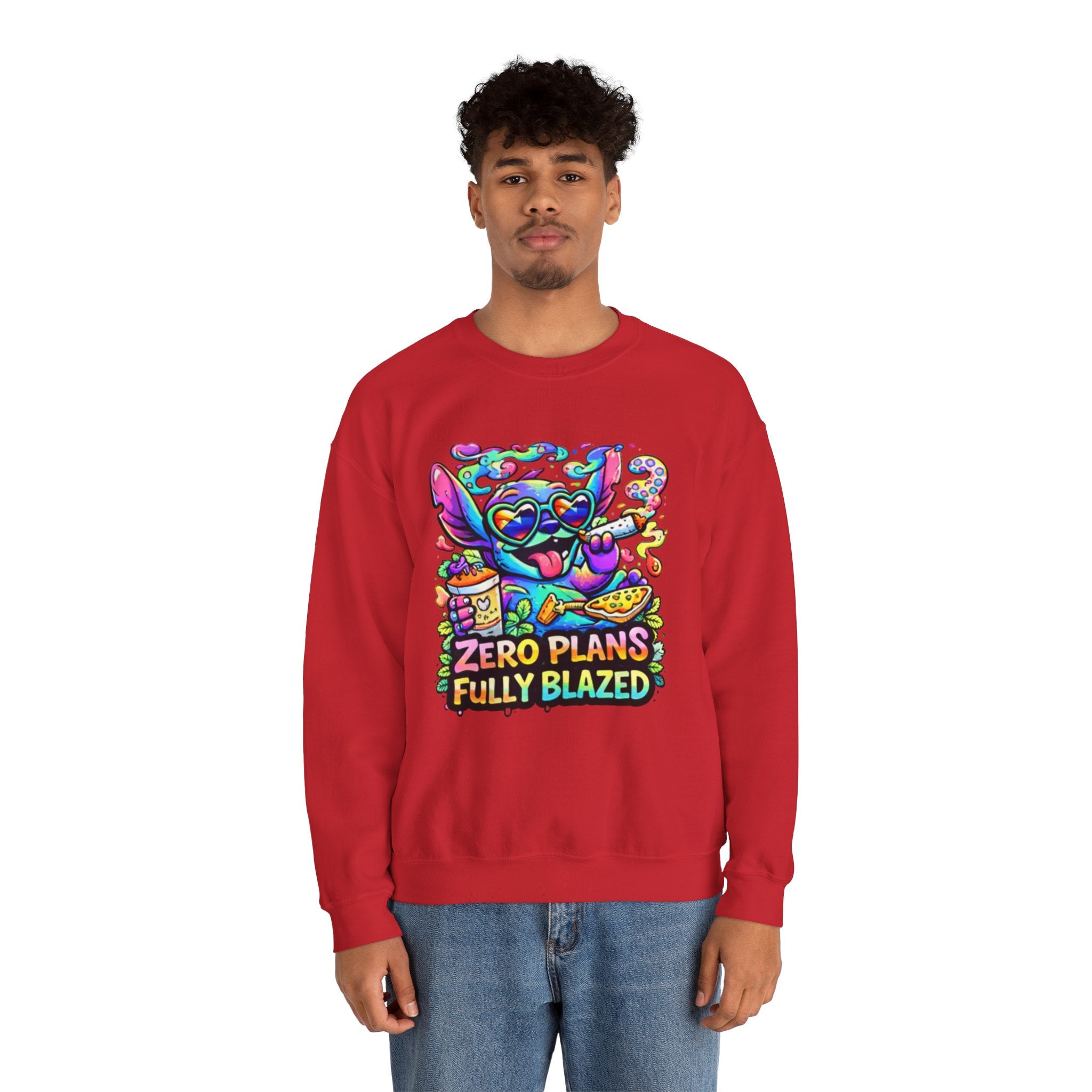 Crewneck Sweatshirt — "Zero Plans Fully Blazed" Colorful Stoner Cartoon Graphic
