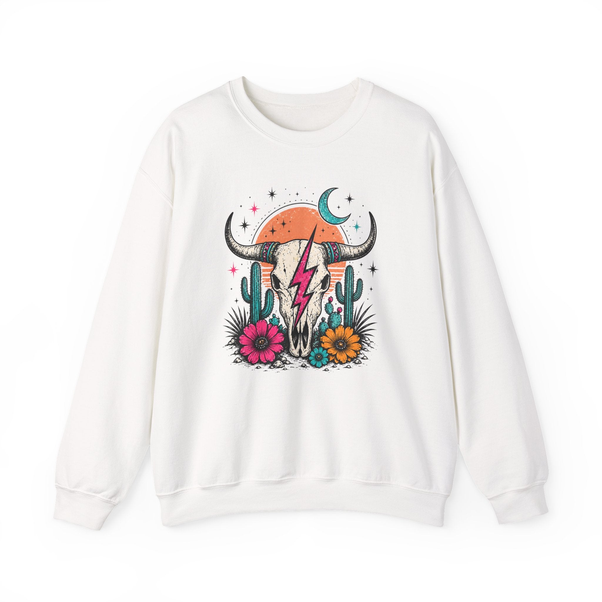 Southwest Skull Crewneck Sweatshirt — Desert Cactus Lightning Graphic