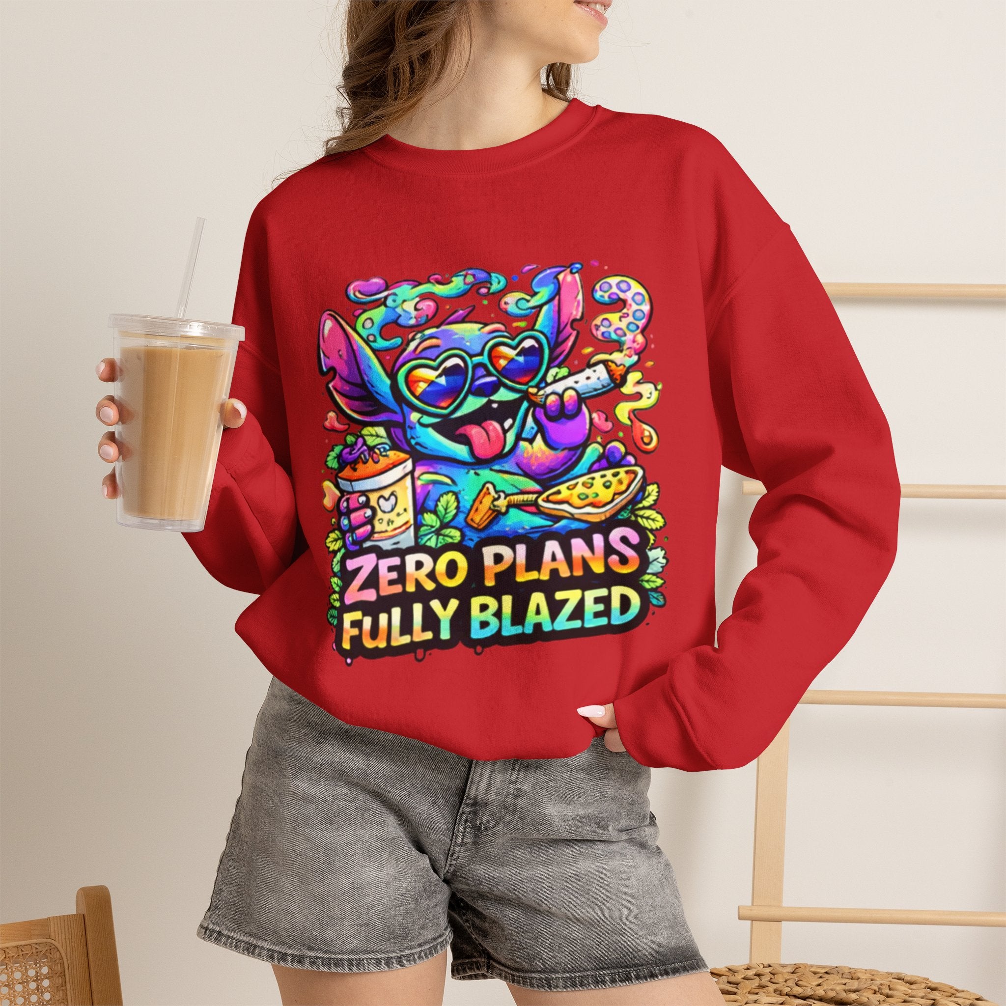 Crewneck Sweatshirt — "Zero Plans Fully Blazed" Colorful Stoner Cartoon Graphic