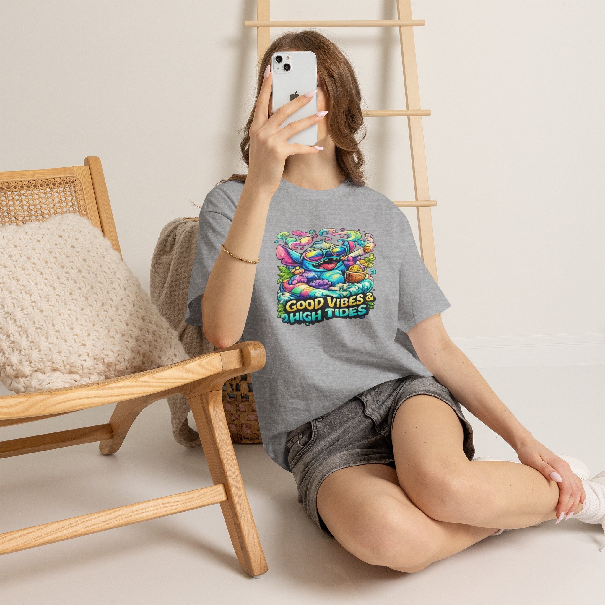 T-Shirt — "Good Vibes & High Tides" Colorful Surf Shark Graphic Tee