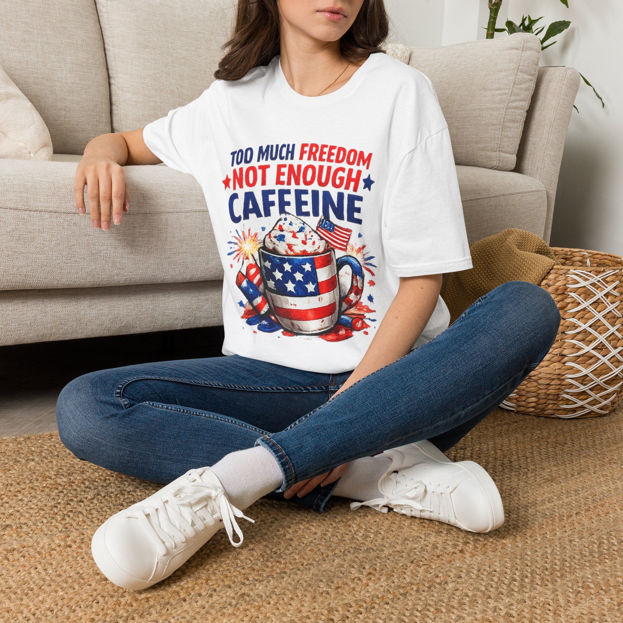 Patriotic Coffee T-Shirt — "Too Much Freedom Not Enough Caffeine"