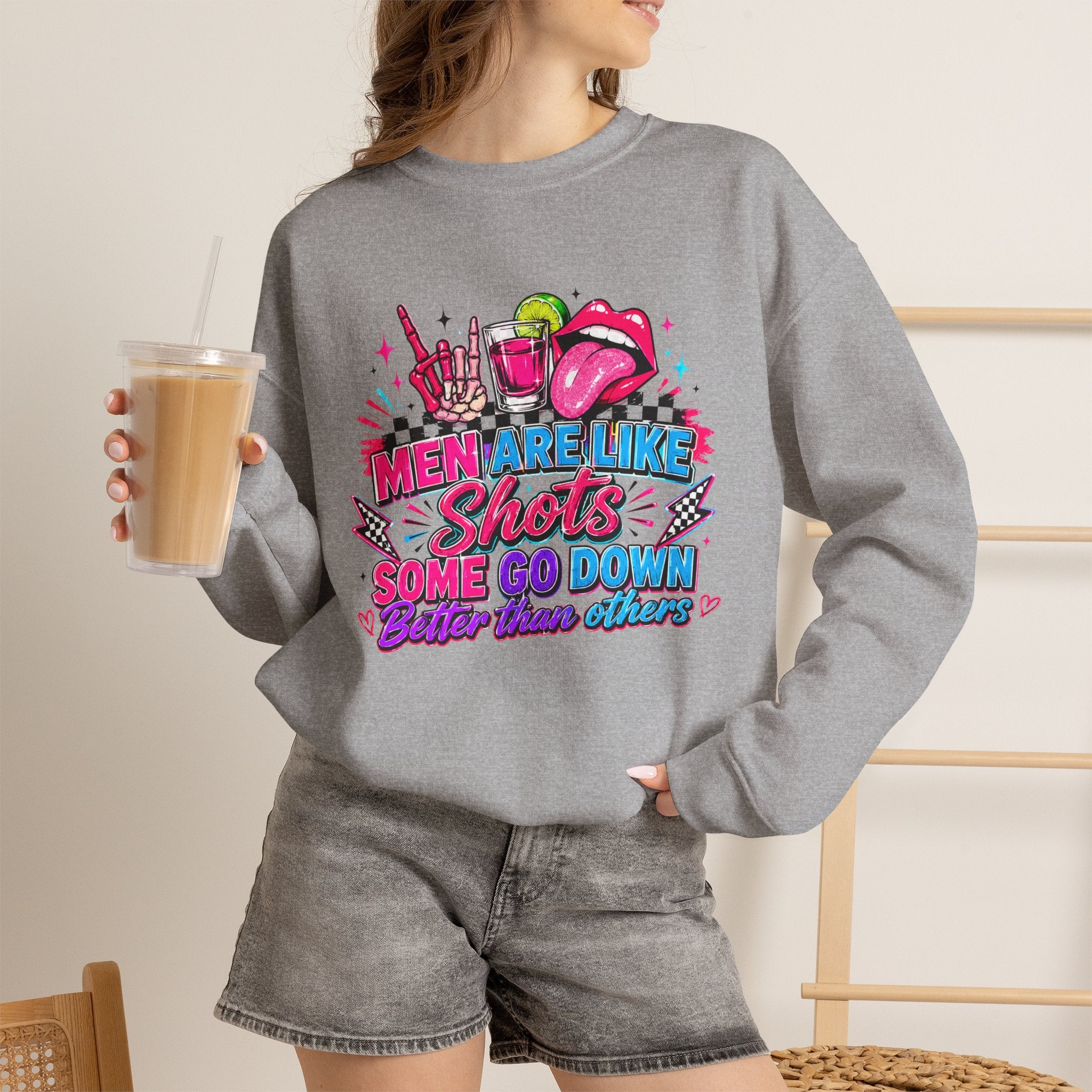 Crewneck Sweatshirt — "Men Are Like Shots" Retro Neon Cocktail Graphic